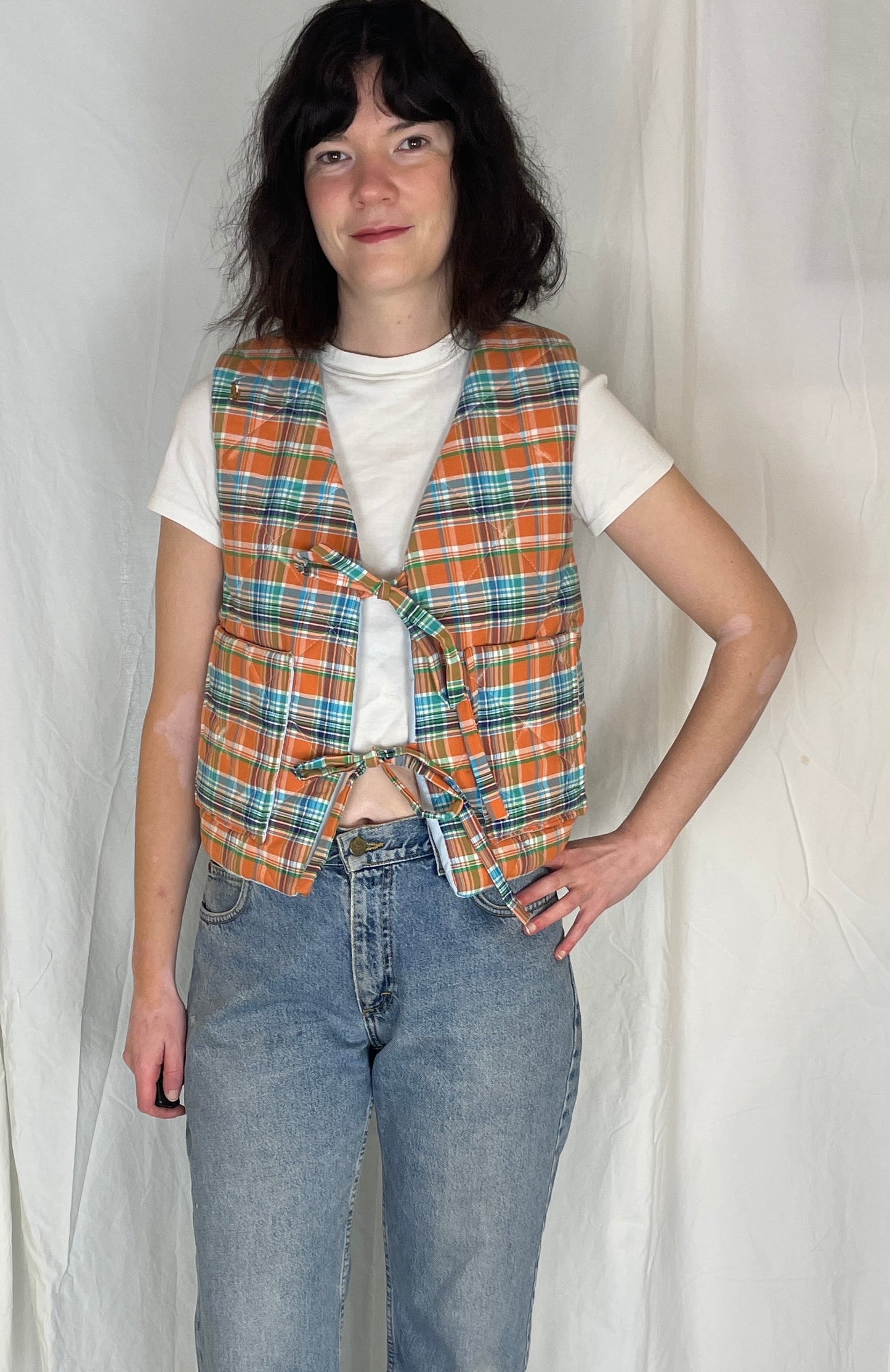 Zoe Handmade Orange and Blue Checked Tie Front Quilted Vest Gilet - Up To Size 10