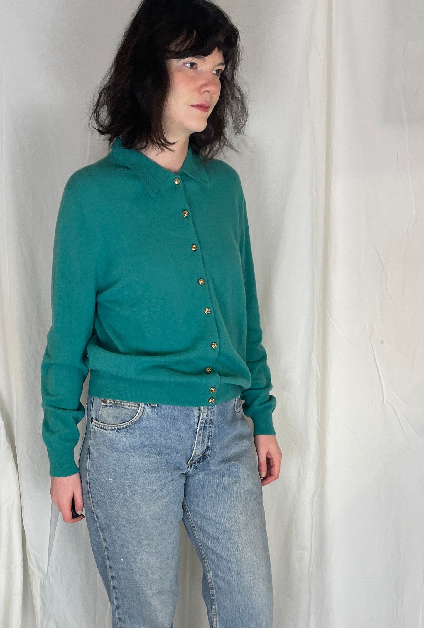 Vintage 80s Green Collared Lambswool Cardigan - Up To Size 12