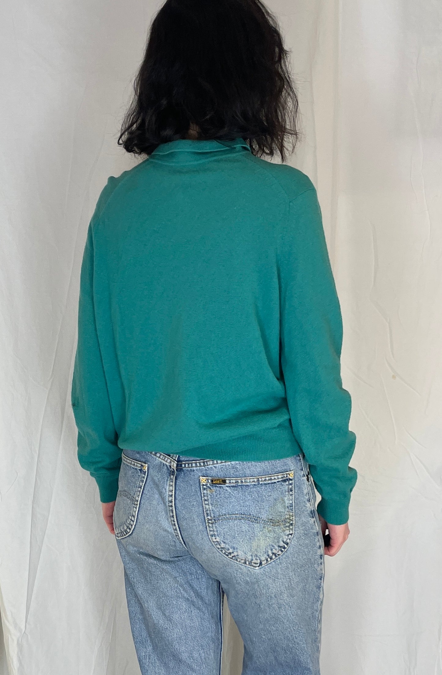 Vintage 80s Green Collared Lambswool Cardigan - Up To Size 12