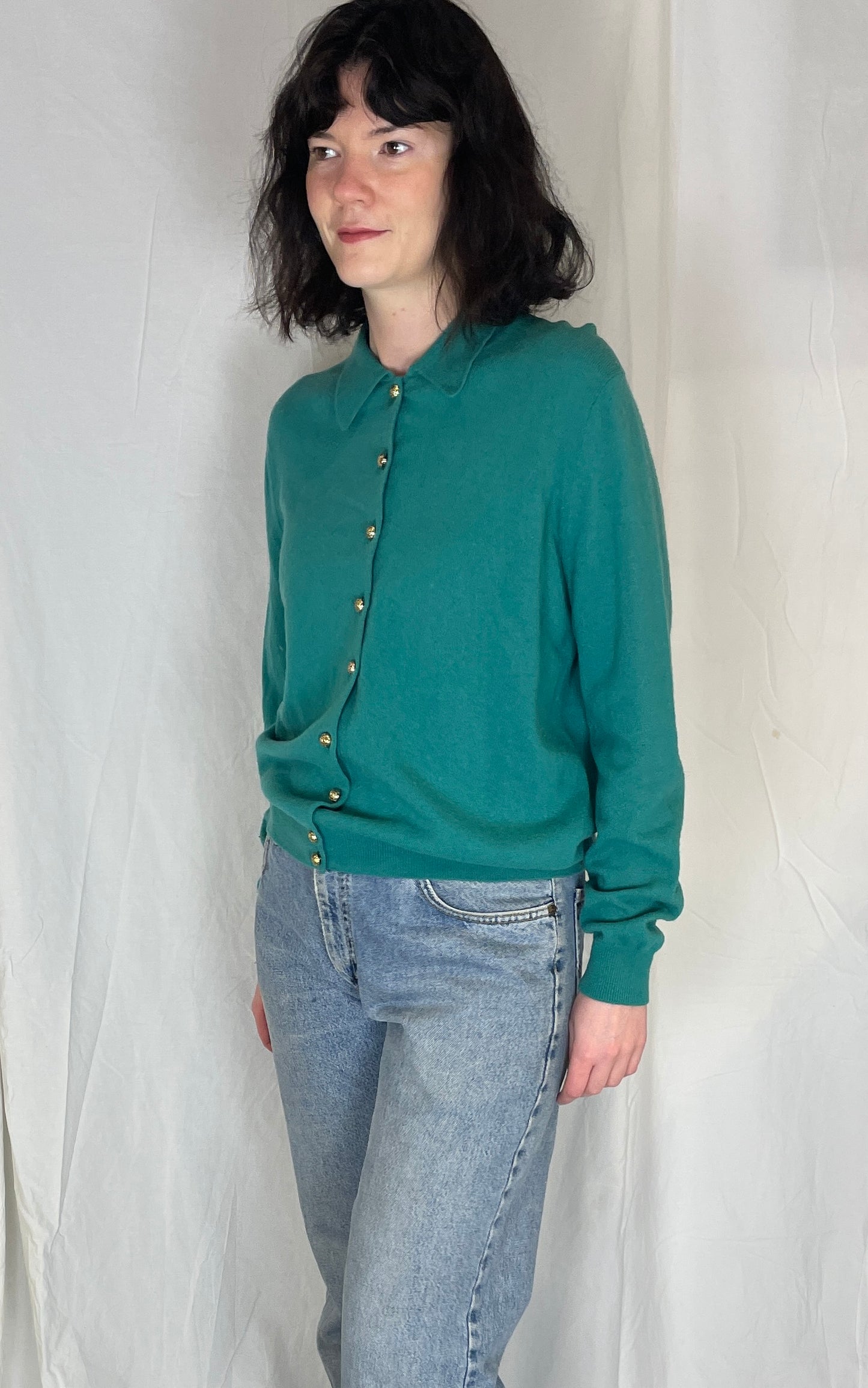 Vintage 80s Green Collared Lambswool Cardigan - Up To Size 12