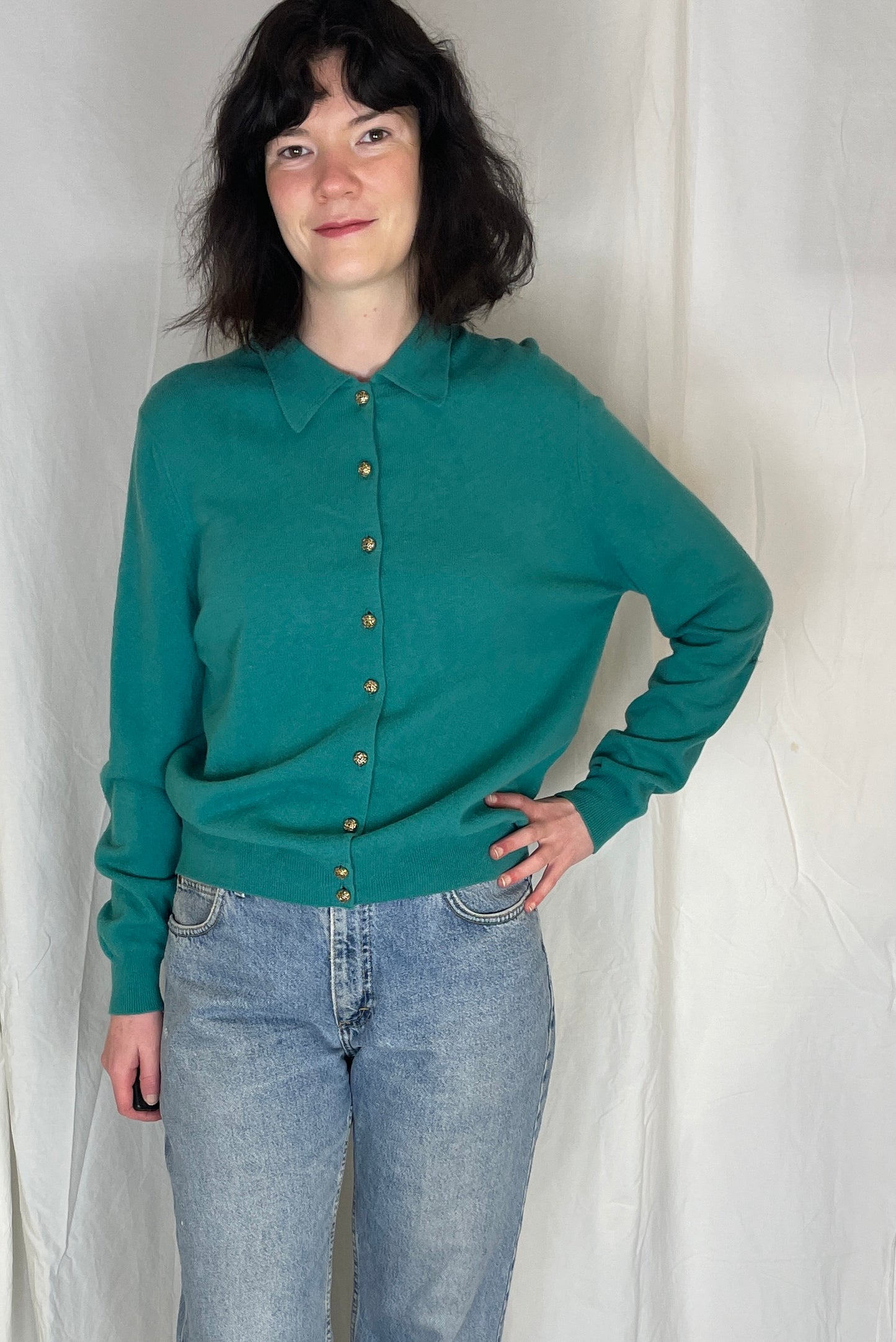 Vintage 80s Green Collared Lambswool Cardigan - Up To Size 12