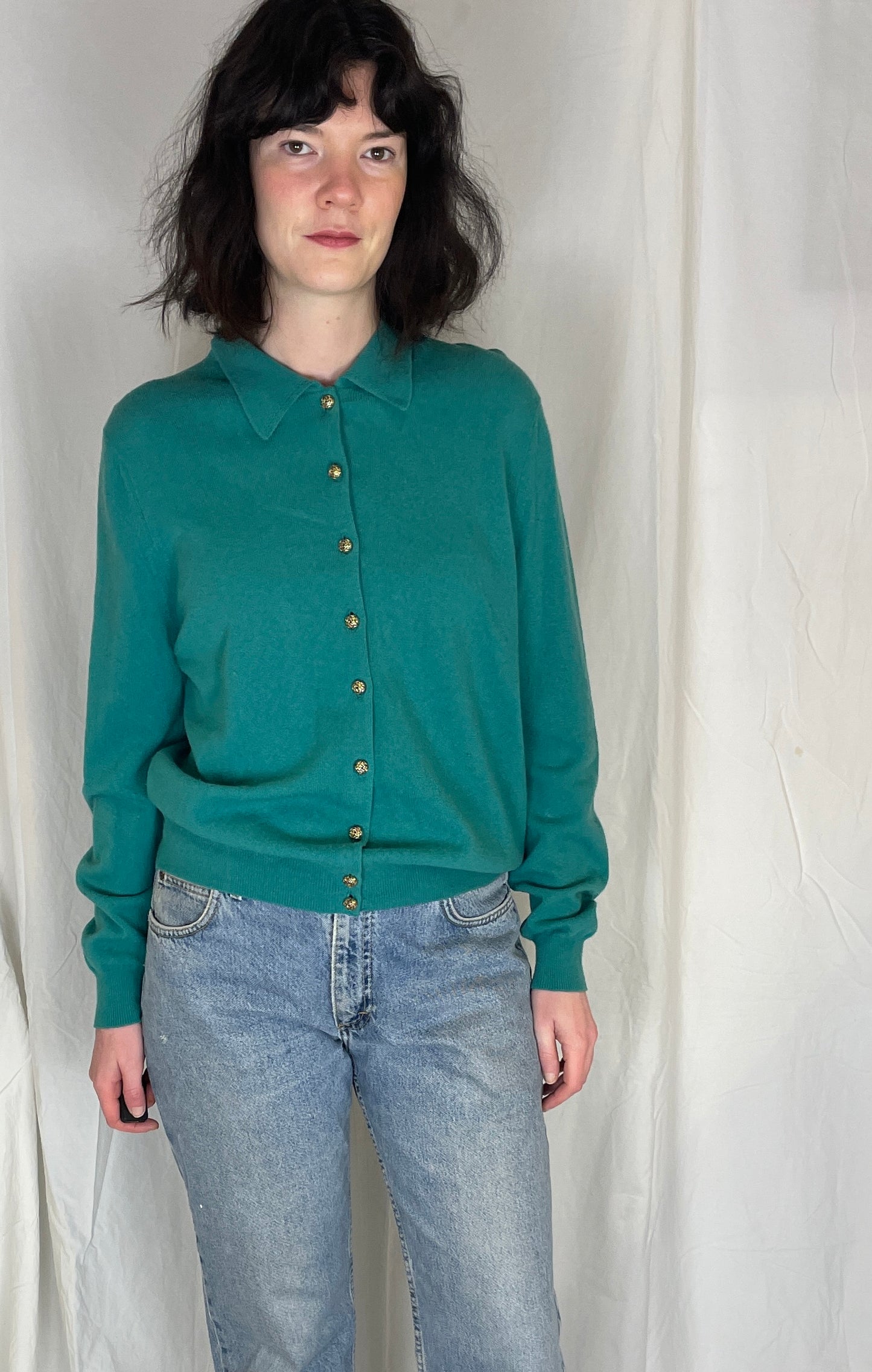 Vintage 80s Green Collared Lambswool Cardigan - Up To Size 12