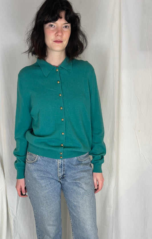 Vintage 80s Green Collared Lambswool Cardigan - Up To Size 12