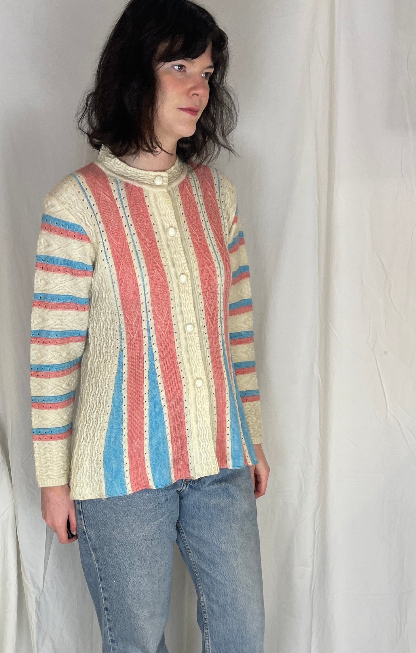 Vintage 90s Pink and Blue Striped Knitted Cardigan - Up to Size 10