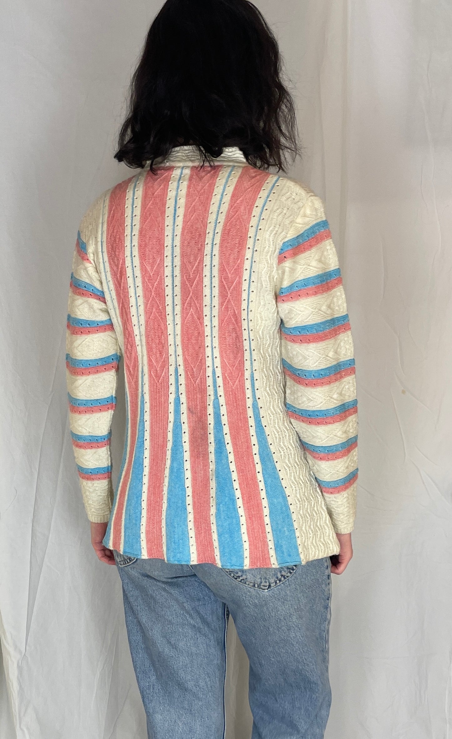 Vintage 90s Pink and Blue Striped Knitted Cardigan - Up to Size 10