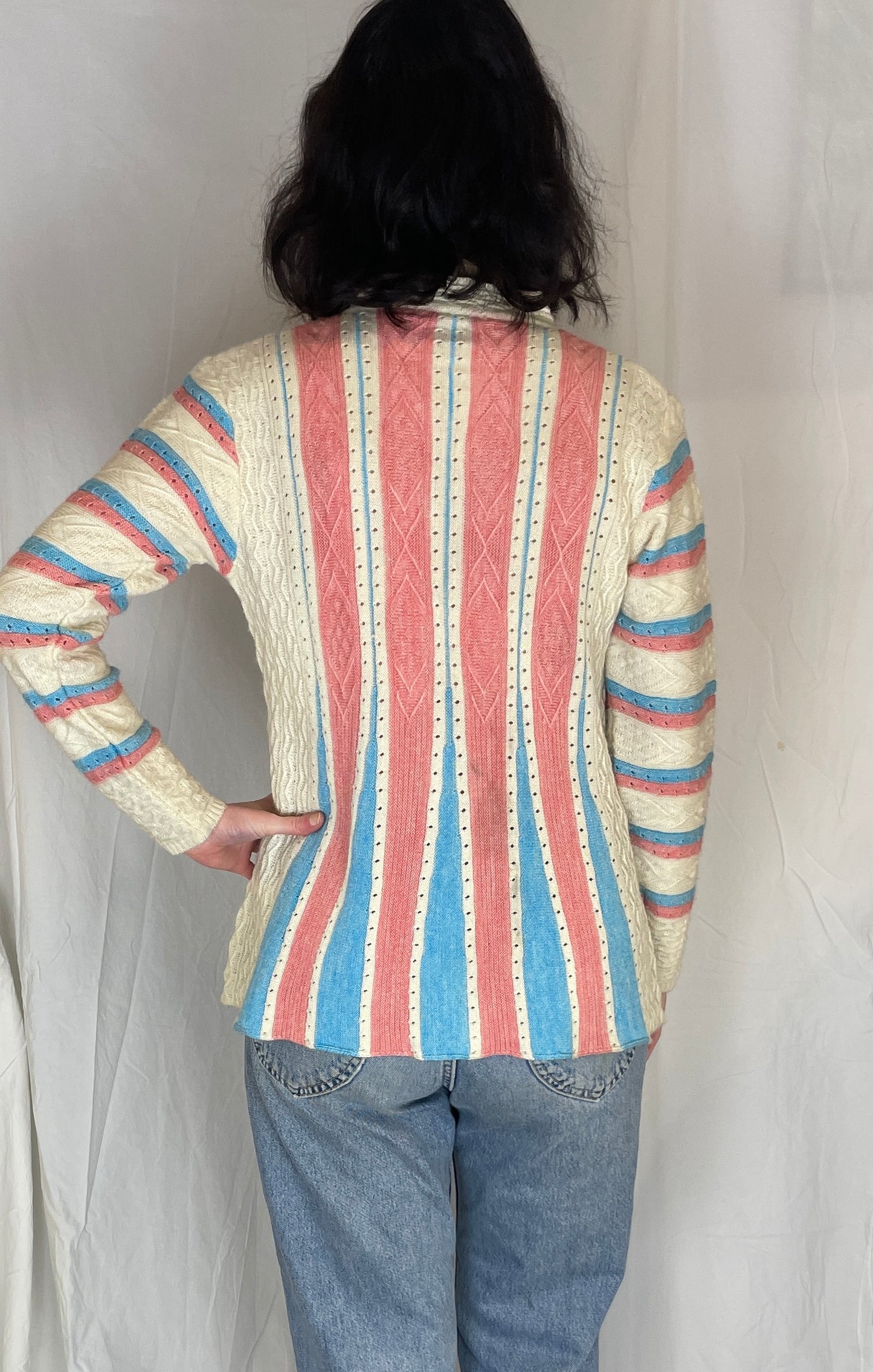 Vintage 90s Pink and Blue Striped Knitted Cardigan - Up to Size 10