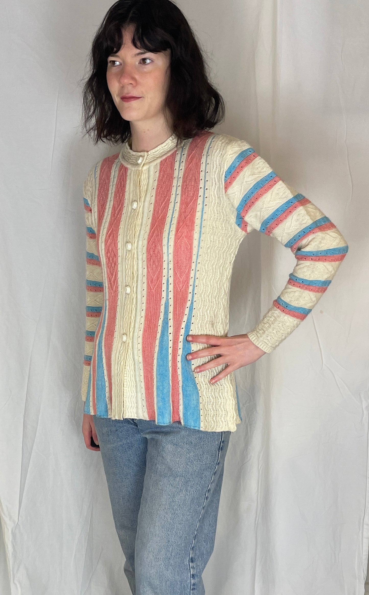 Vintage 90s Pink and Blue Striped Knitted Cardigan - Up to Size 10