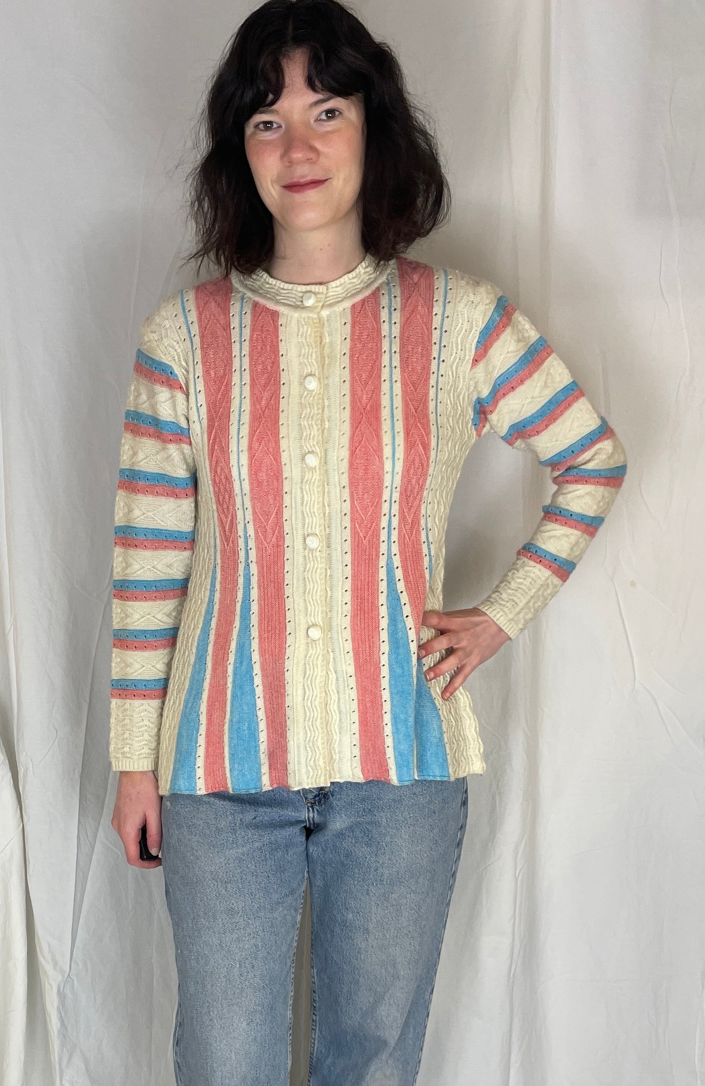 Vintage 90s Pink and Blue Striped Knitted Cardigan - Up to Size 10