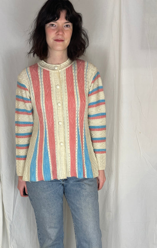 Vintage 90s Pink and Blue Striped Knitted Cardigan - Up to Size 10