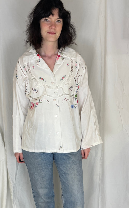 Darcy Handmade White Linen Pink Embroidered Shirt with Revere Collar - Up To Size 16