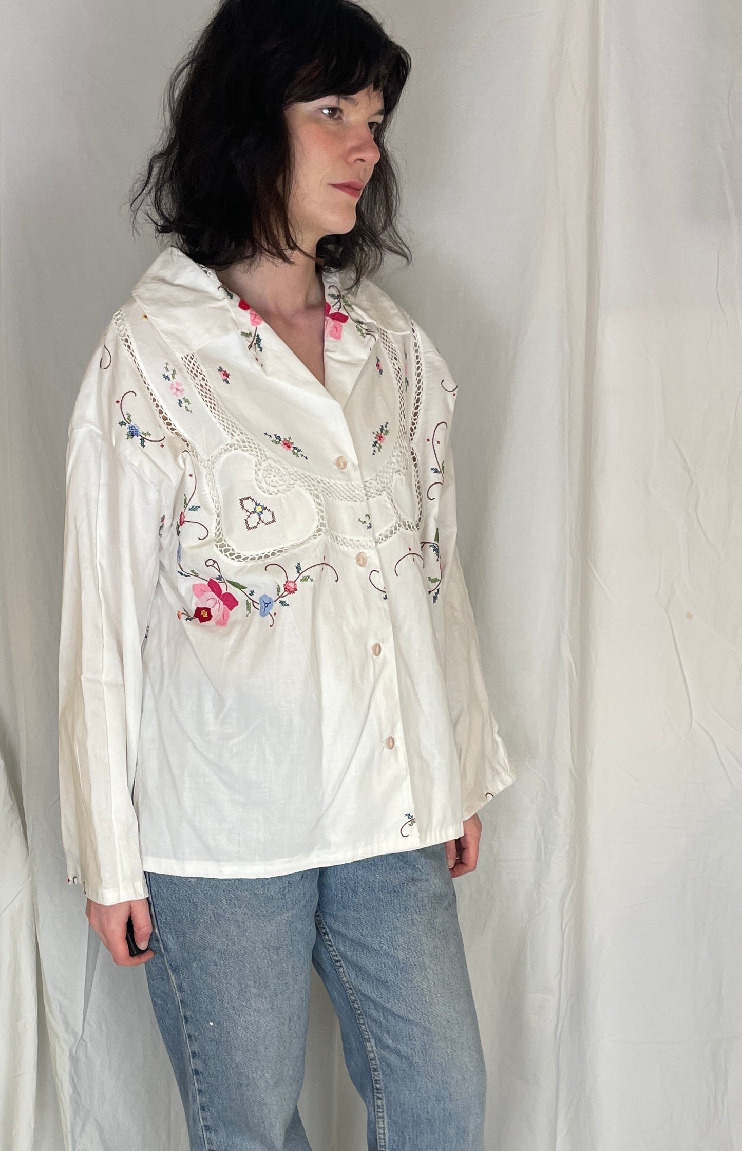 Darcy Handmade White Linen Pink Embroidered Shirt with Revere Collar - Up To Size 16