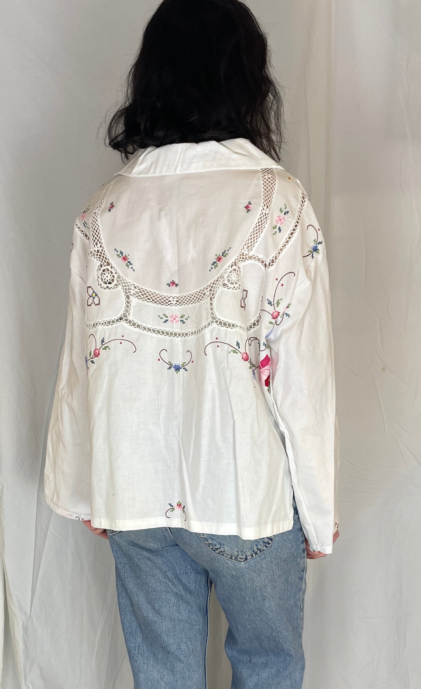 Darcy Handmade White Linen Pink Embroidered Shirt with Revere Collar - Up To Size 16