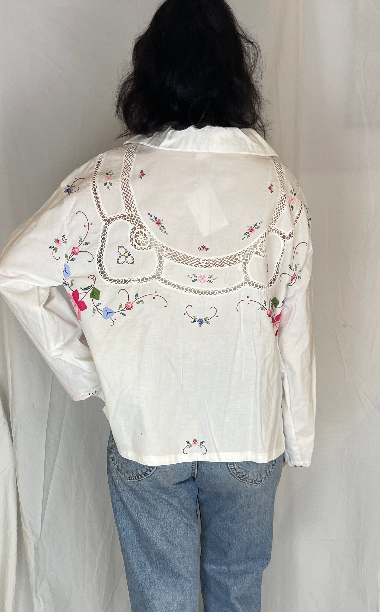 Darcy Handmade White Linen Pink Embroidered Shirt with Revere Collar - Up To Size 16