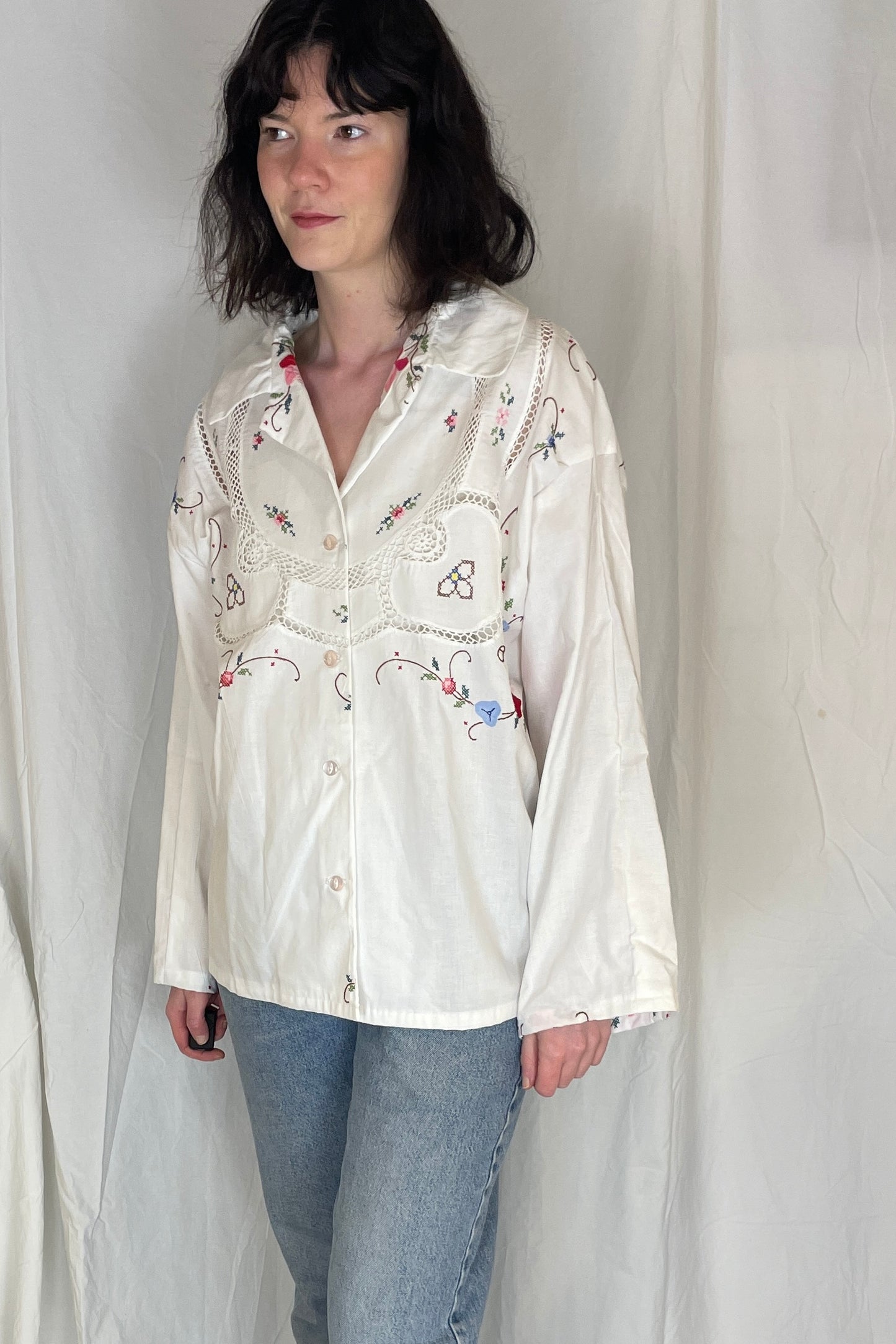 Darcy Handmade White Linen Pink Embroidered Shirt with Revere Collar - Up To Size 16