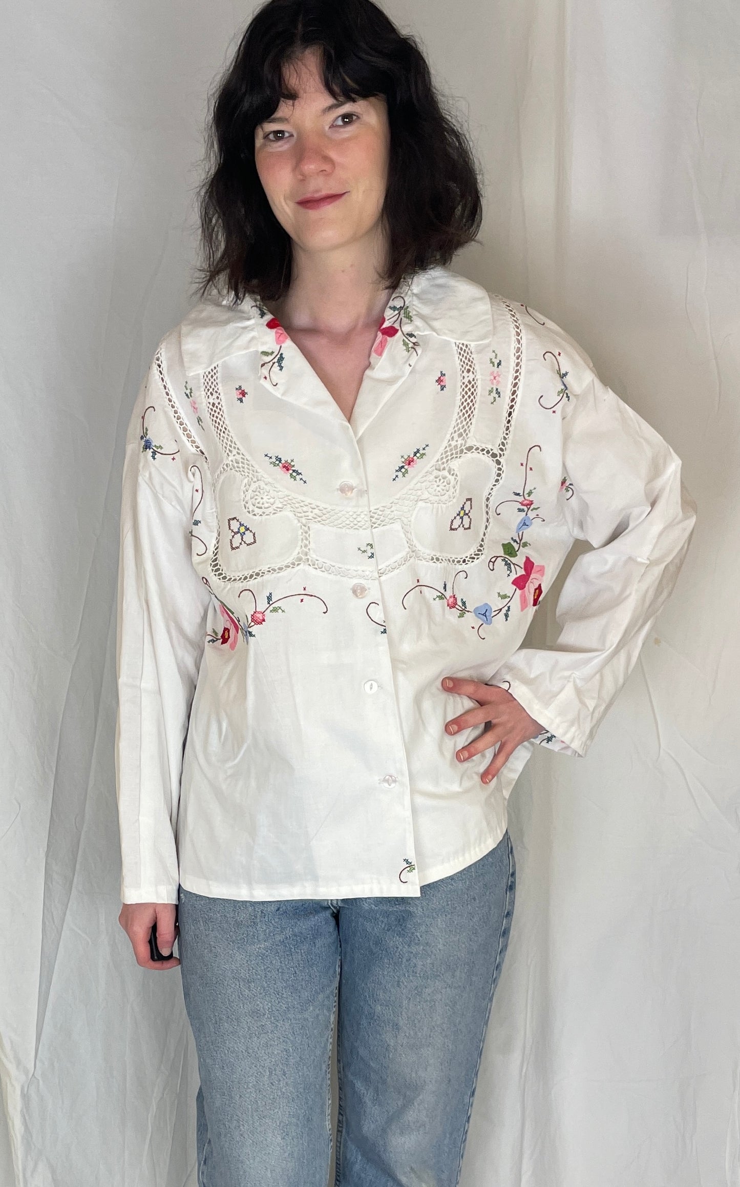 Darcy Handmade White Linen Pink Embroidered Shirt with Revere Collar - Up To Size 16