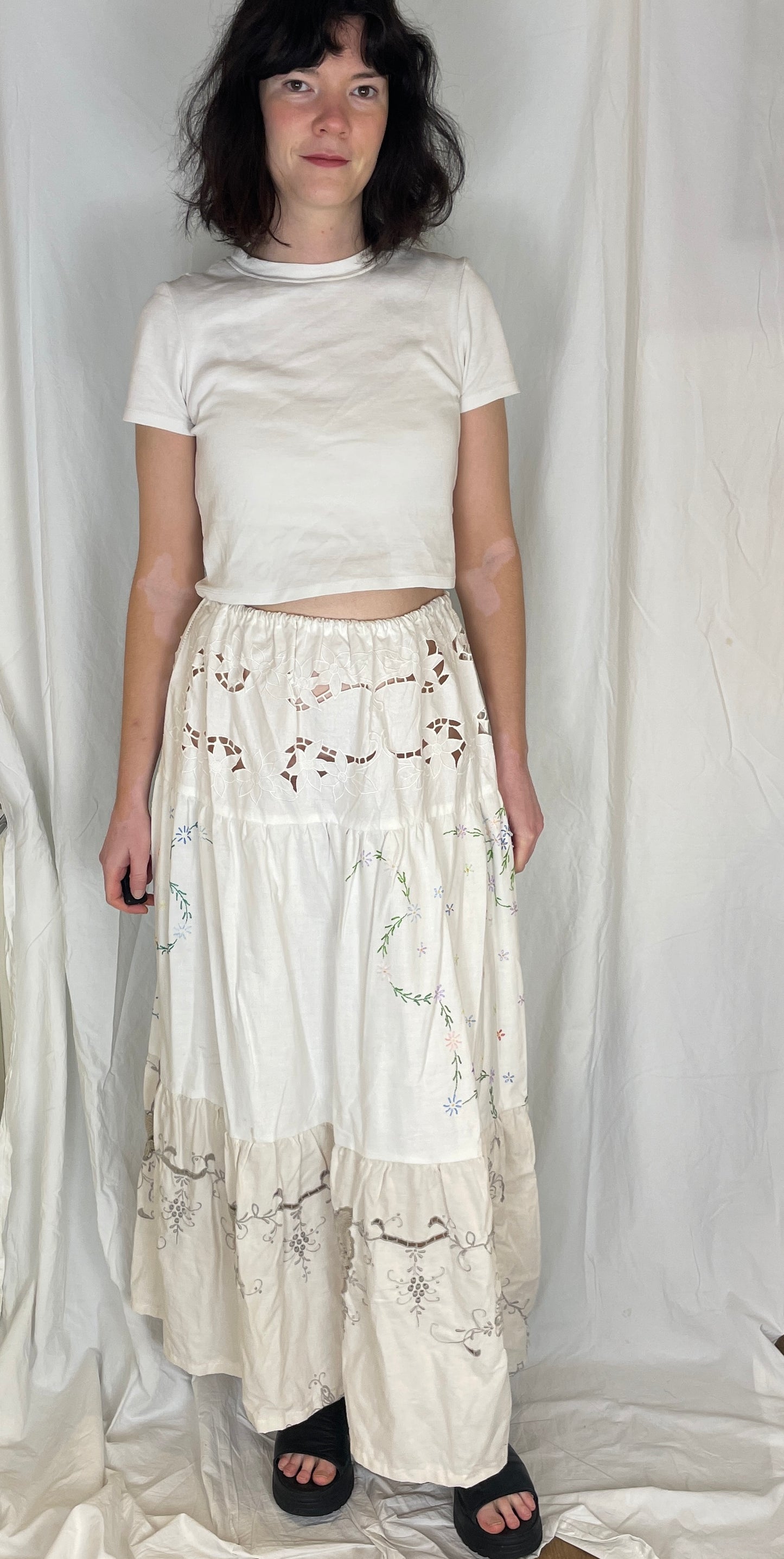 Kelly Handmade White Embroidered Linen Tiered Maxi Skirt - Size 12