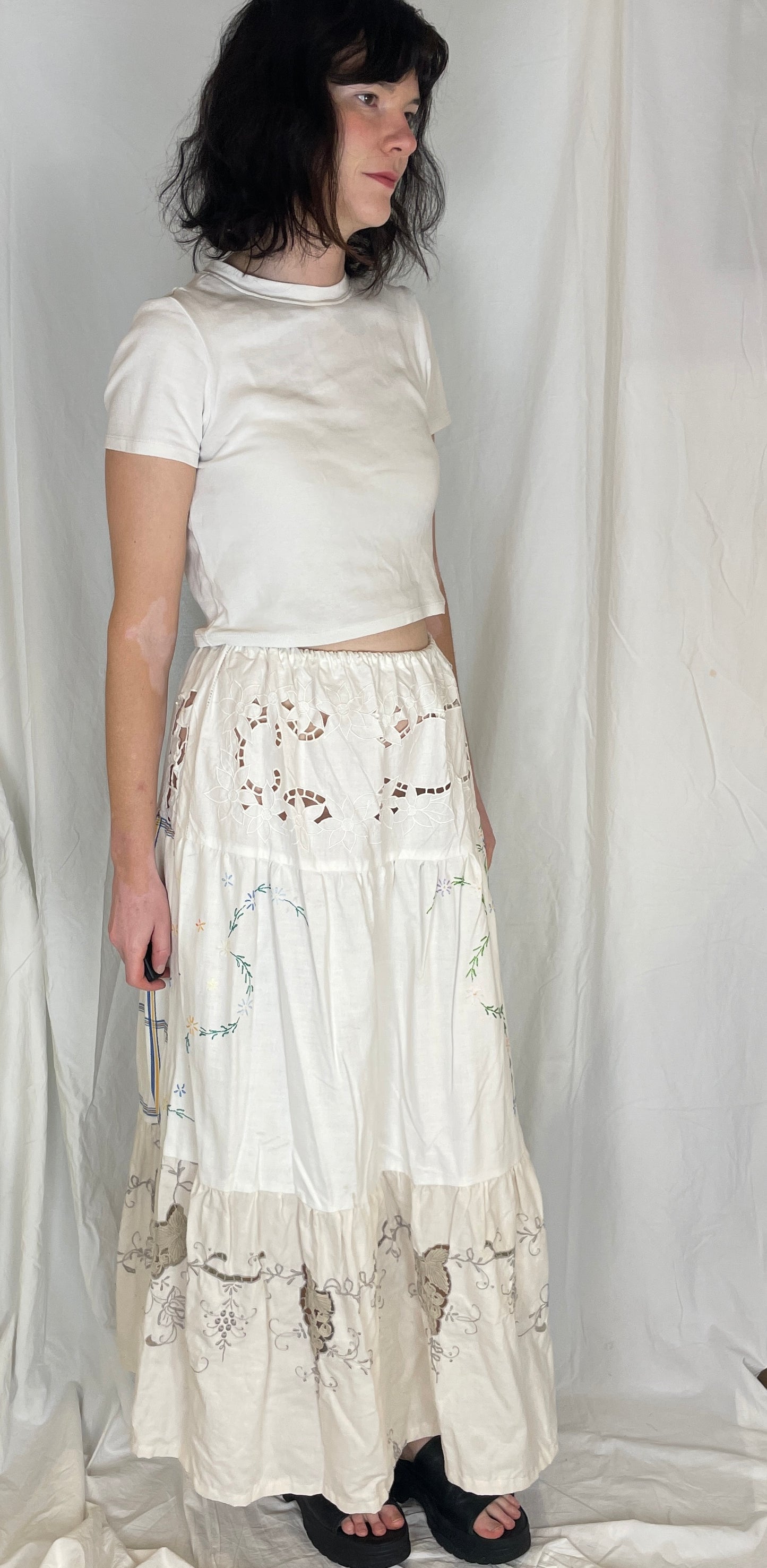 Kelly Handmade White Embroidered Linen Tiered Maxi Skirt - Size 12