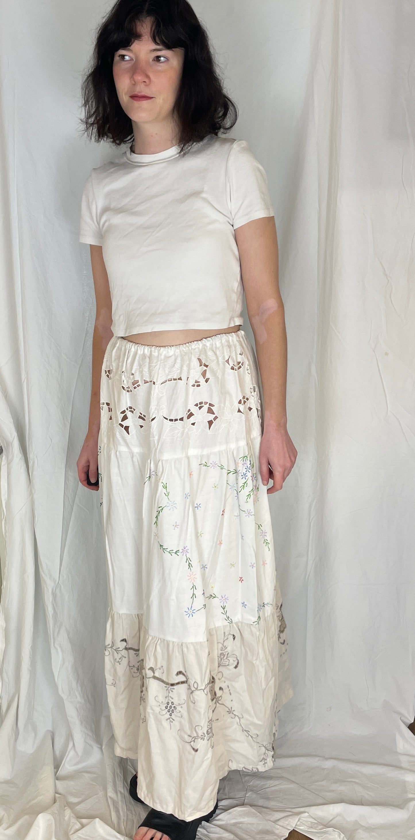 Kelly Handmade White Embroidered Linen Tiered Maxi Skirt - Size 12