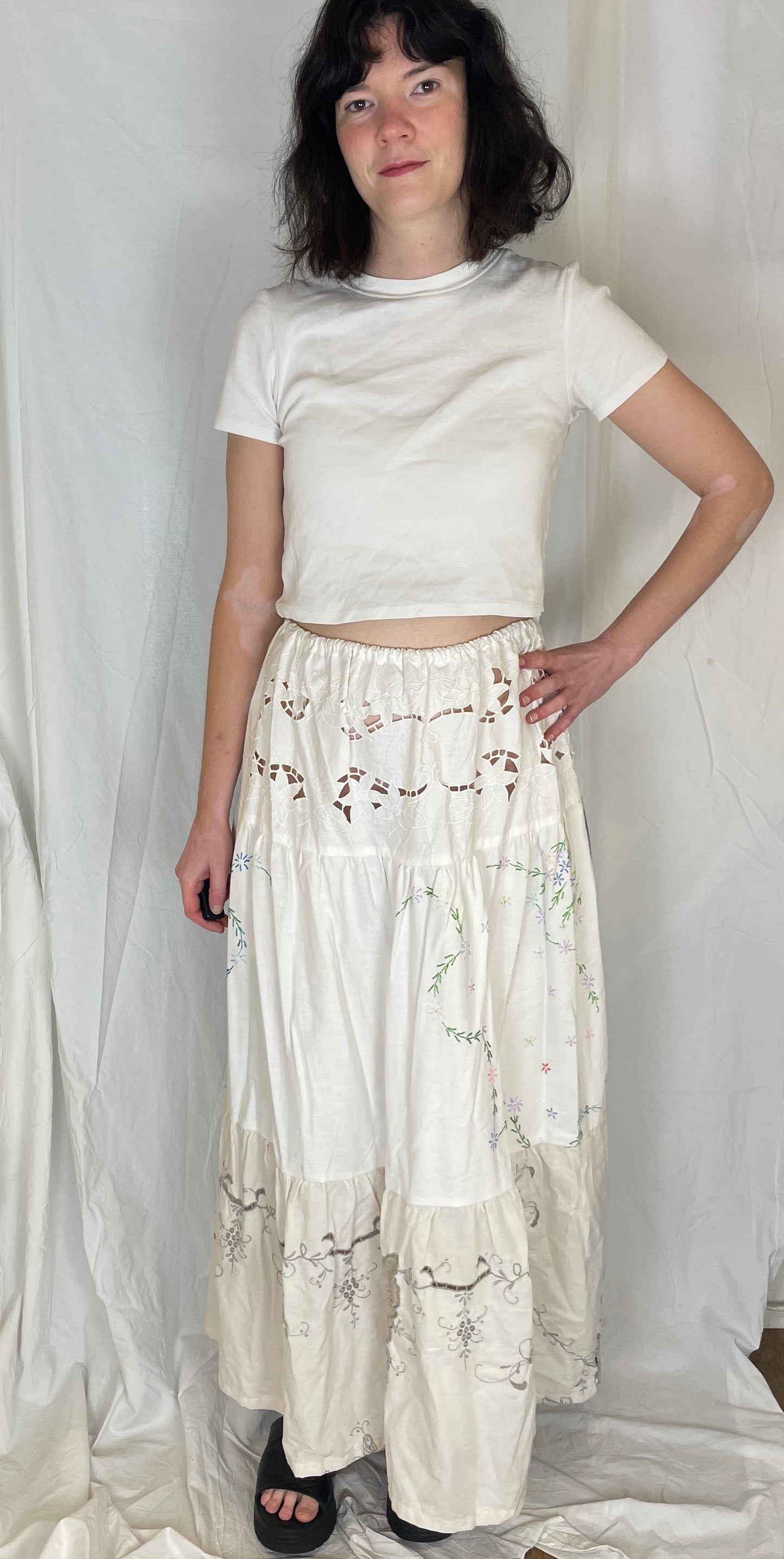 Kelly Handmade White Embroidered Linen Tiered Maxi Skirt - Size 12