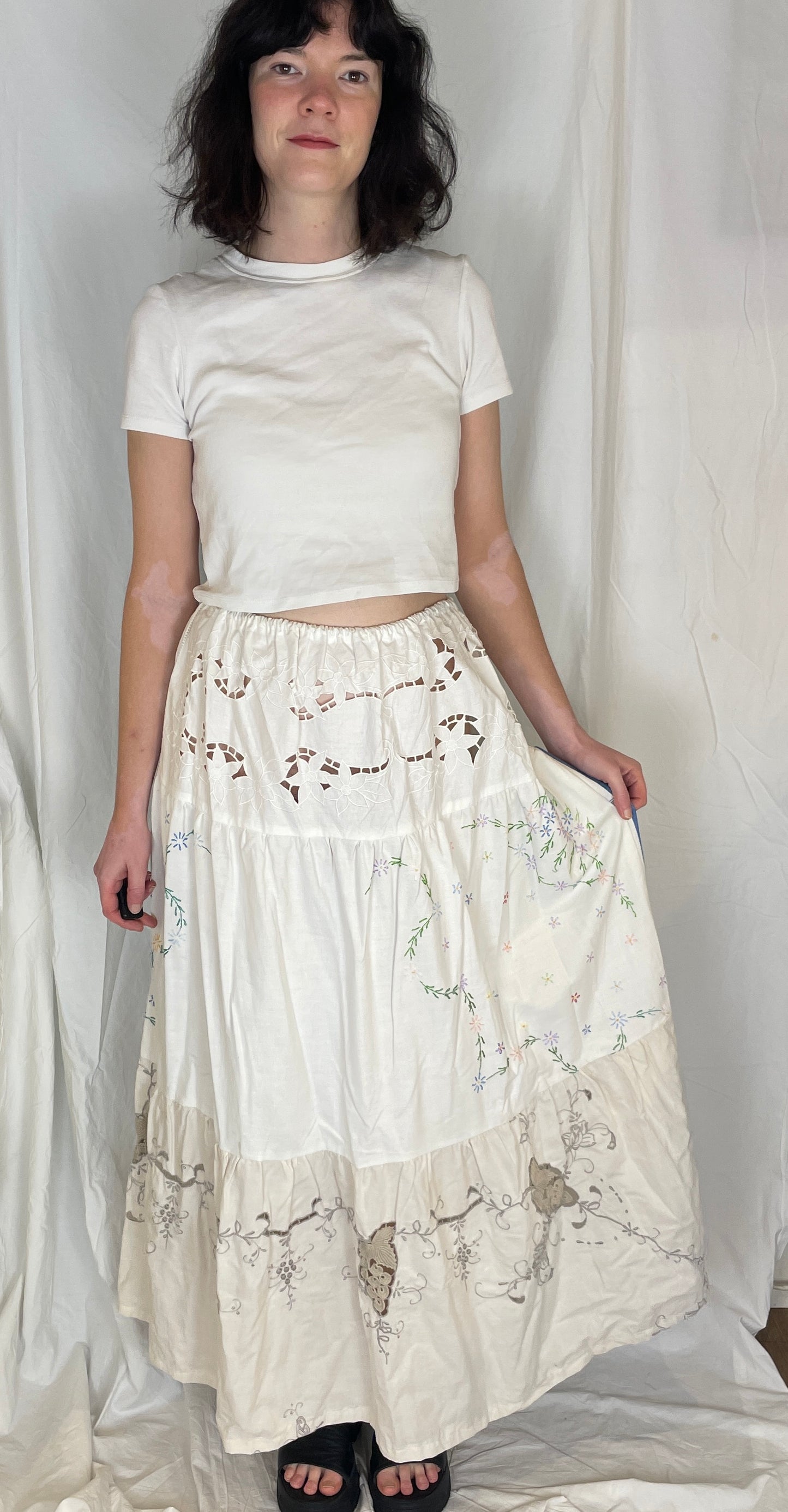 Kelly Handmade White Embroidered Linen Tiered Maxi Skirt - Size 12