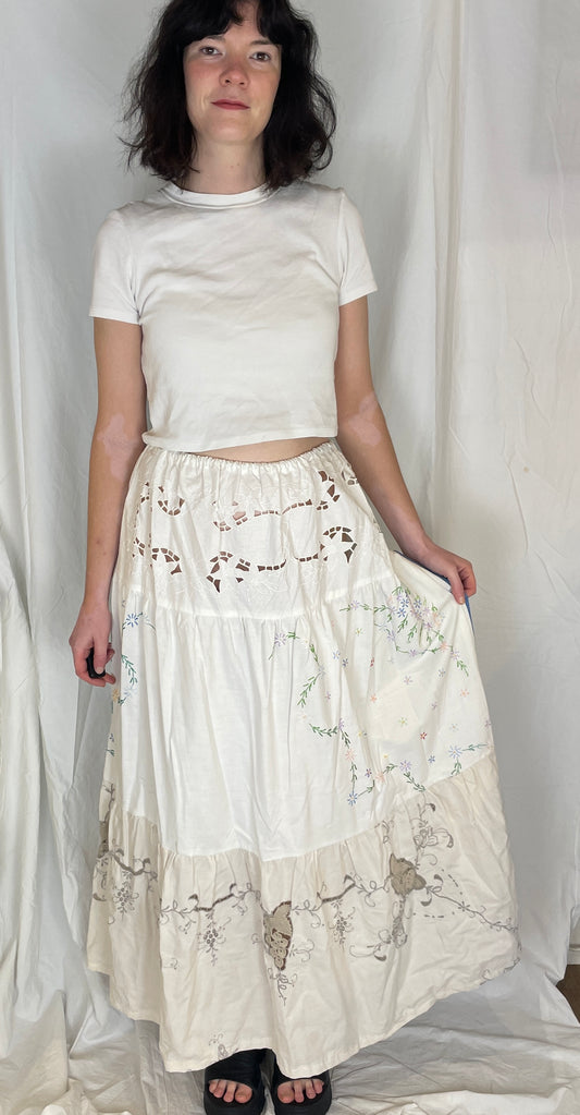 Kelly Handmade White Embroidered Linen Tiered Maxi Skirt - Size 12