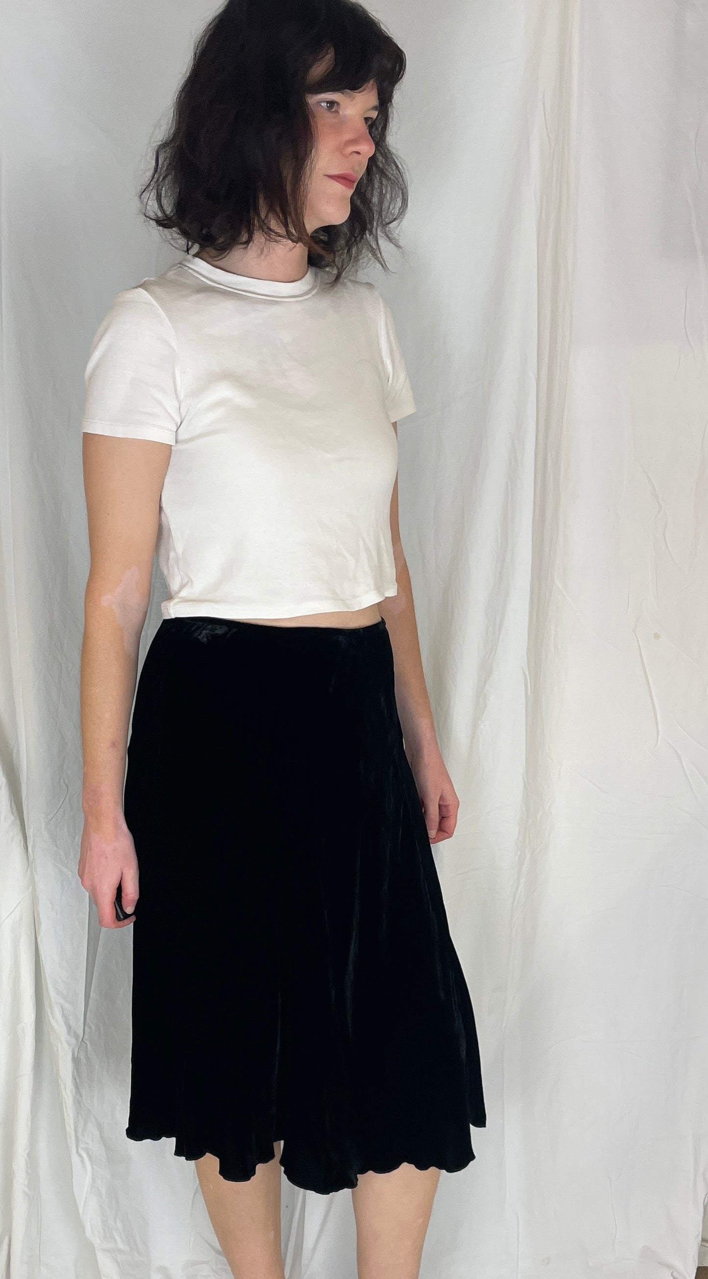 Vintage 90s Black Silk Velvet Panelled Midi Skirt - Size 12