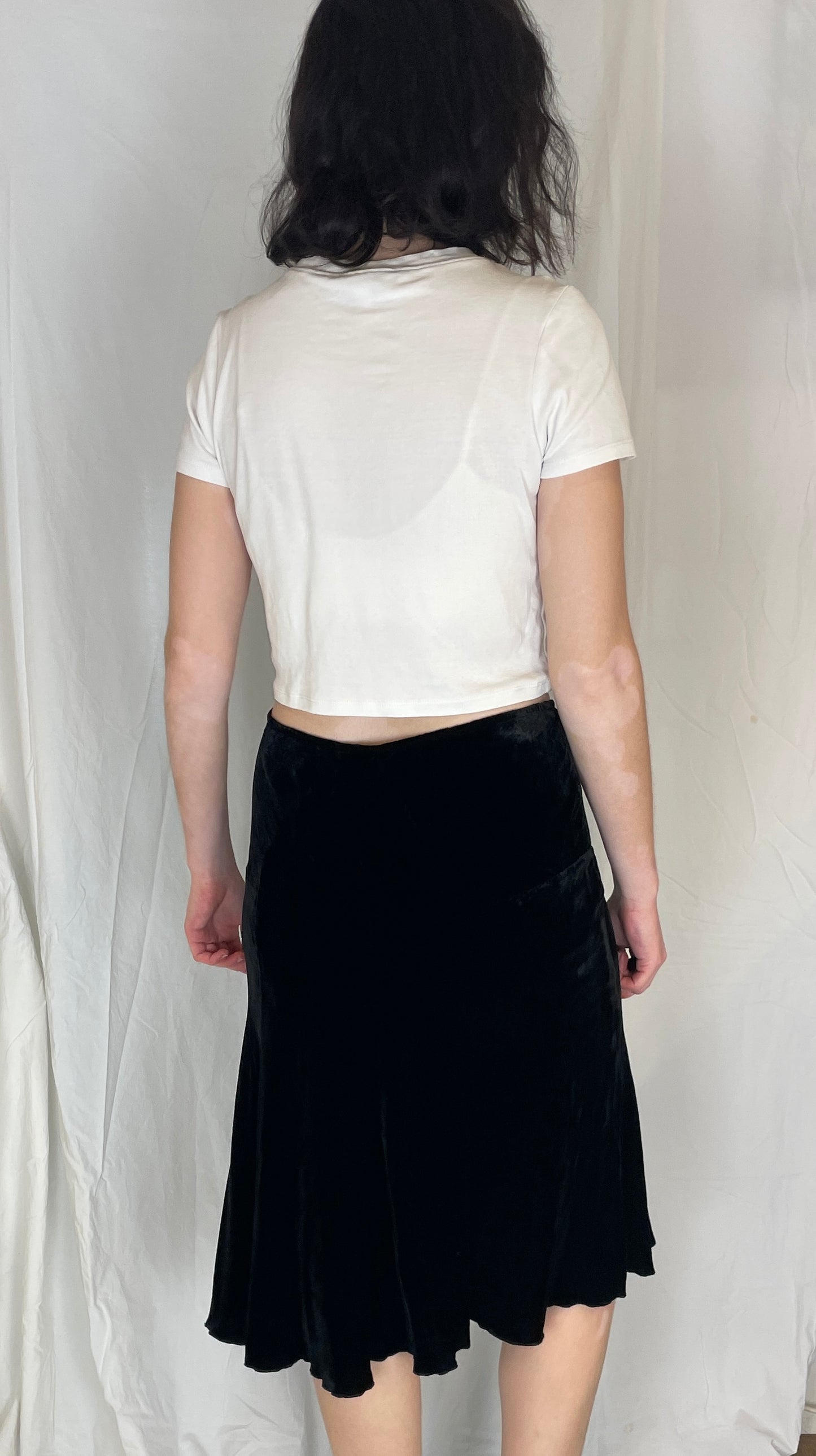 Vintage 90s Black Silk Velvet Panelled Midi Skirt - Size 12