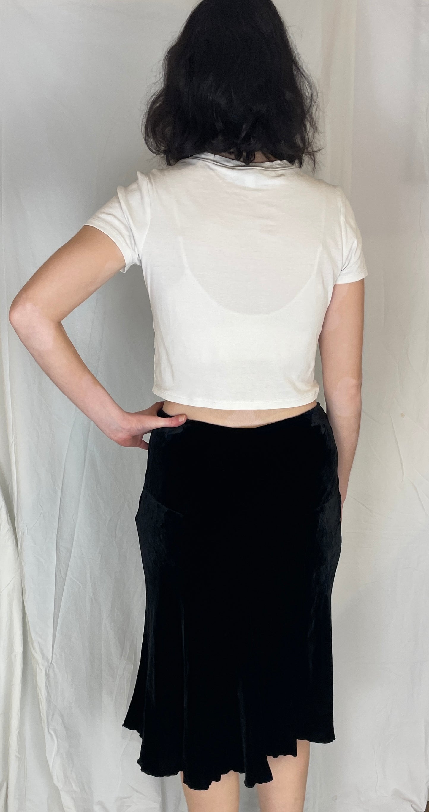 Vintage 90s Black Silk Velvet Panelled Midi Skirt - Size 12