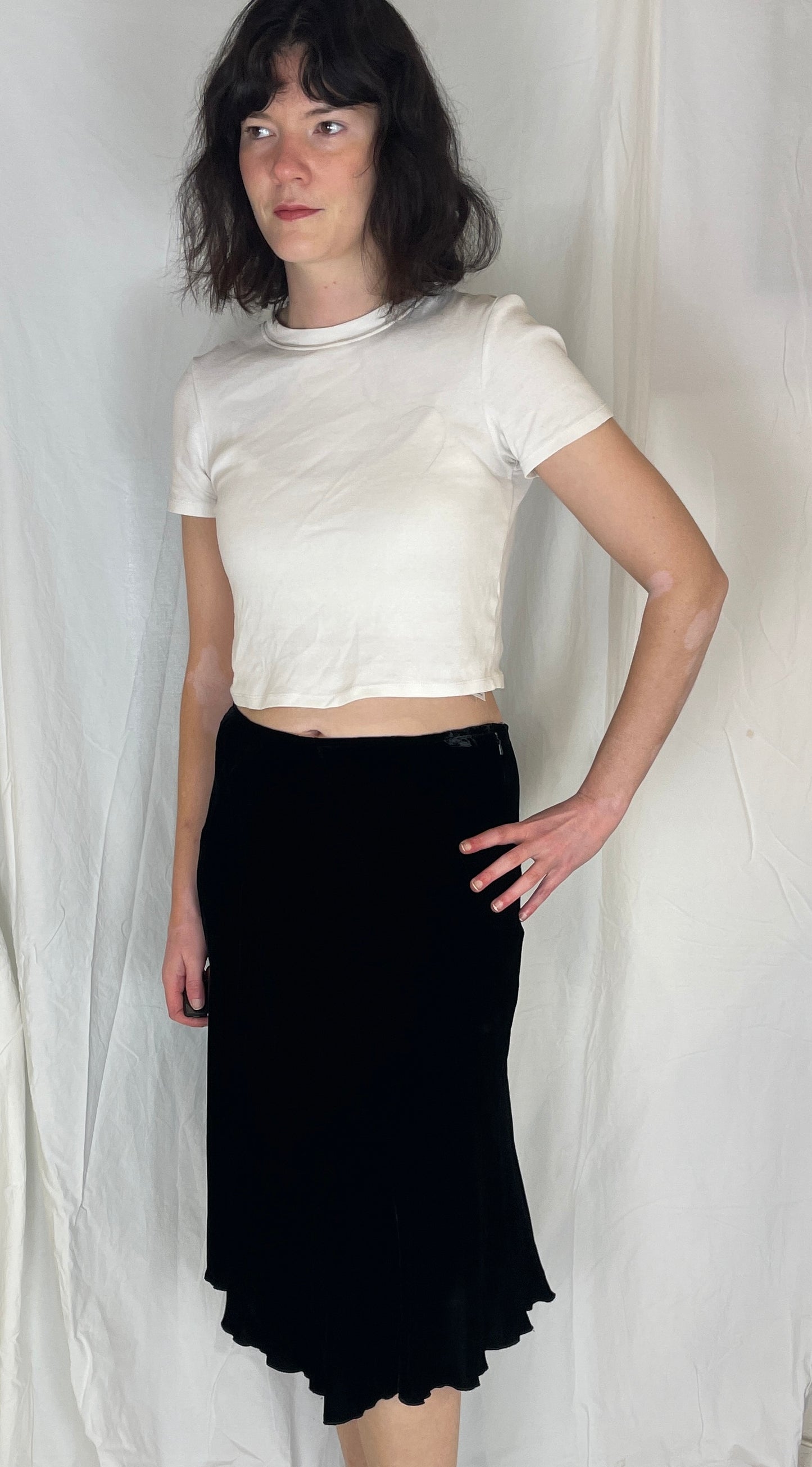 Vintage 90s Black Silk Velvet Panelled Midi Skirt - Size 12