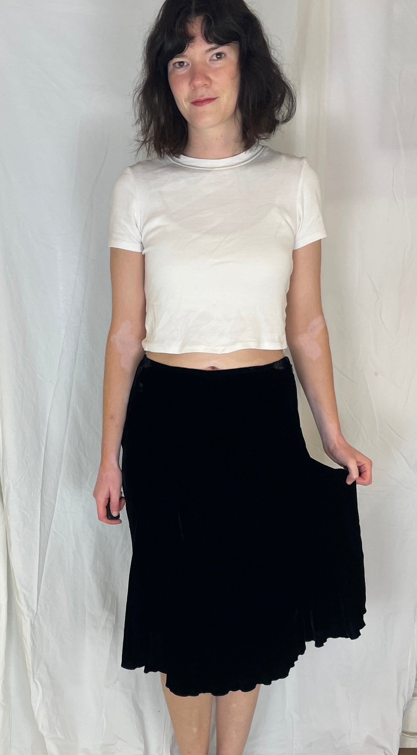 Vintage 90s Black Silk Velvet Panelled Midi Skirt - Size 12