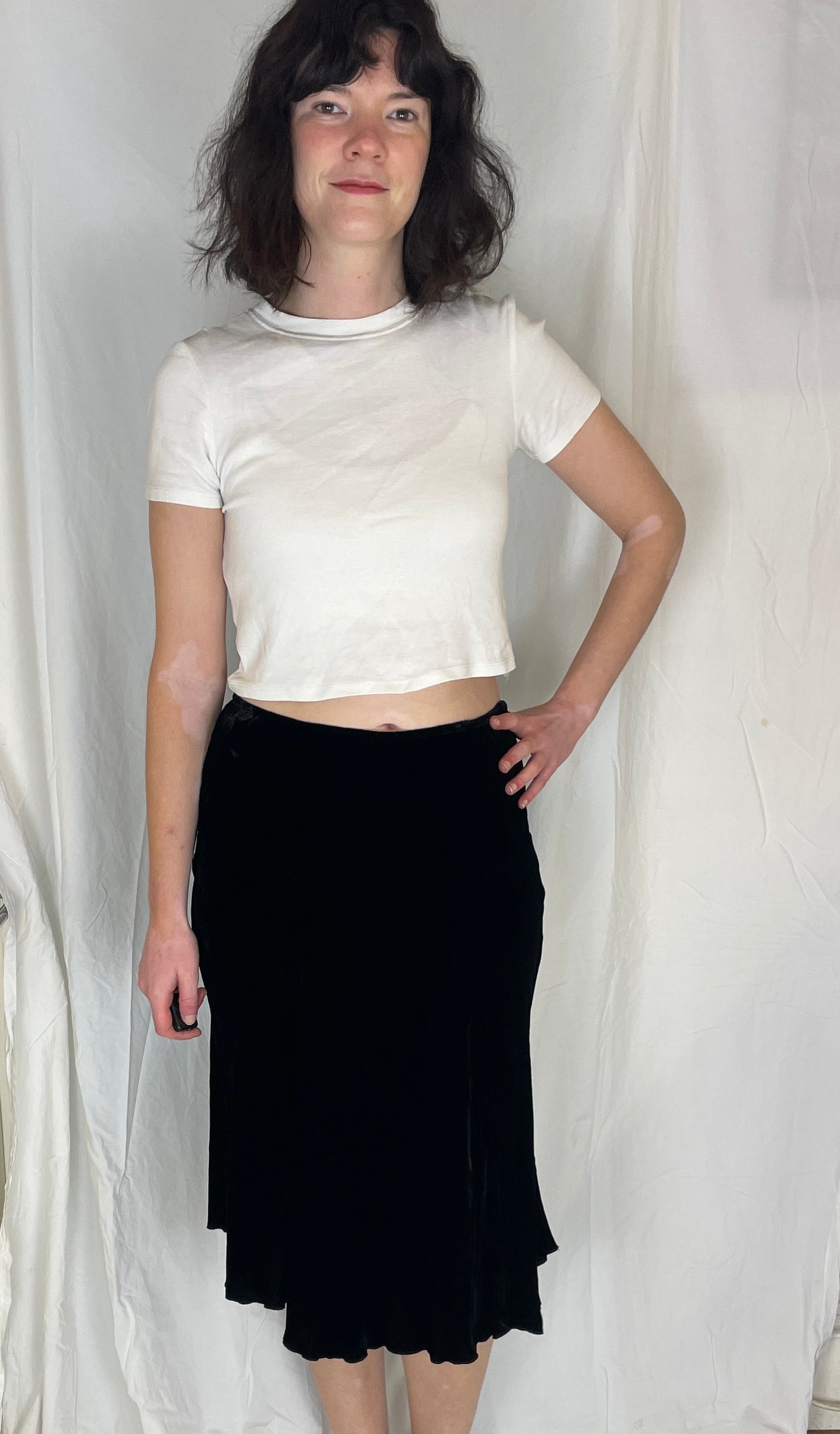 Vintage 90s Black Silk Velvet Panelled Midi Skirt - Size 12