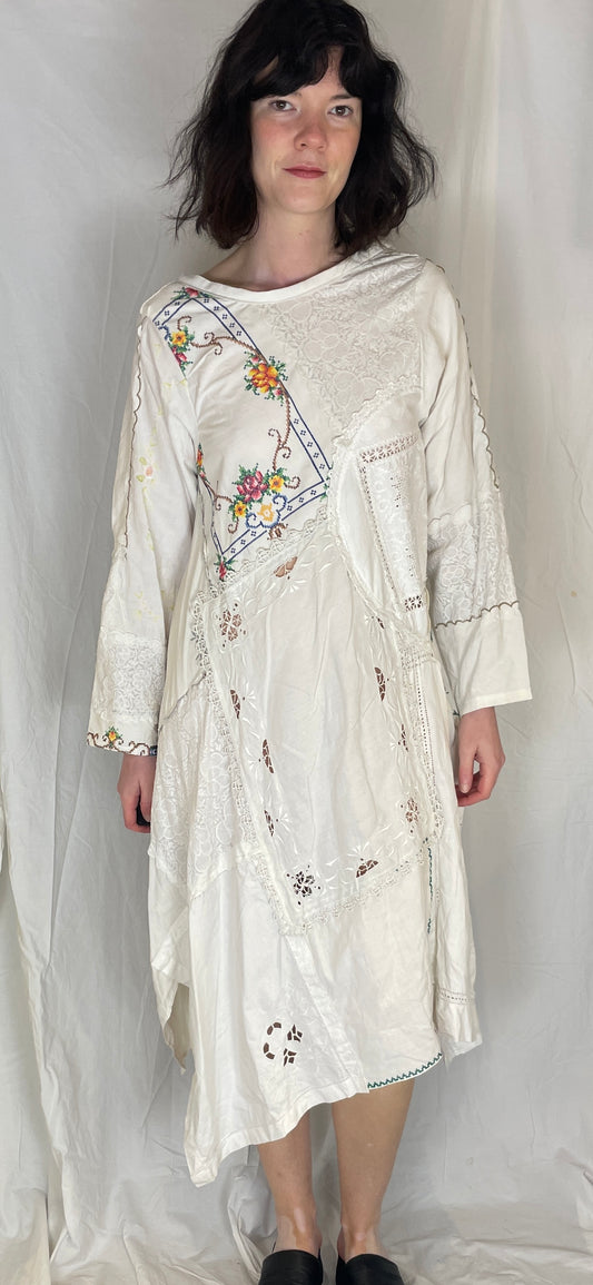 Anna Handmade White Linen Floral Embroidered Patchwork Asymmetric Hem Dress - Up To Size 10