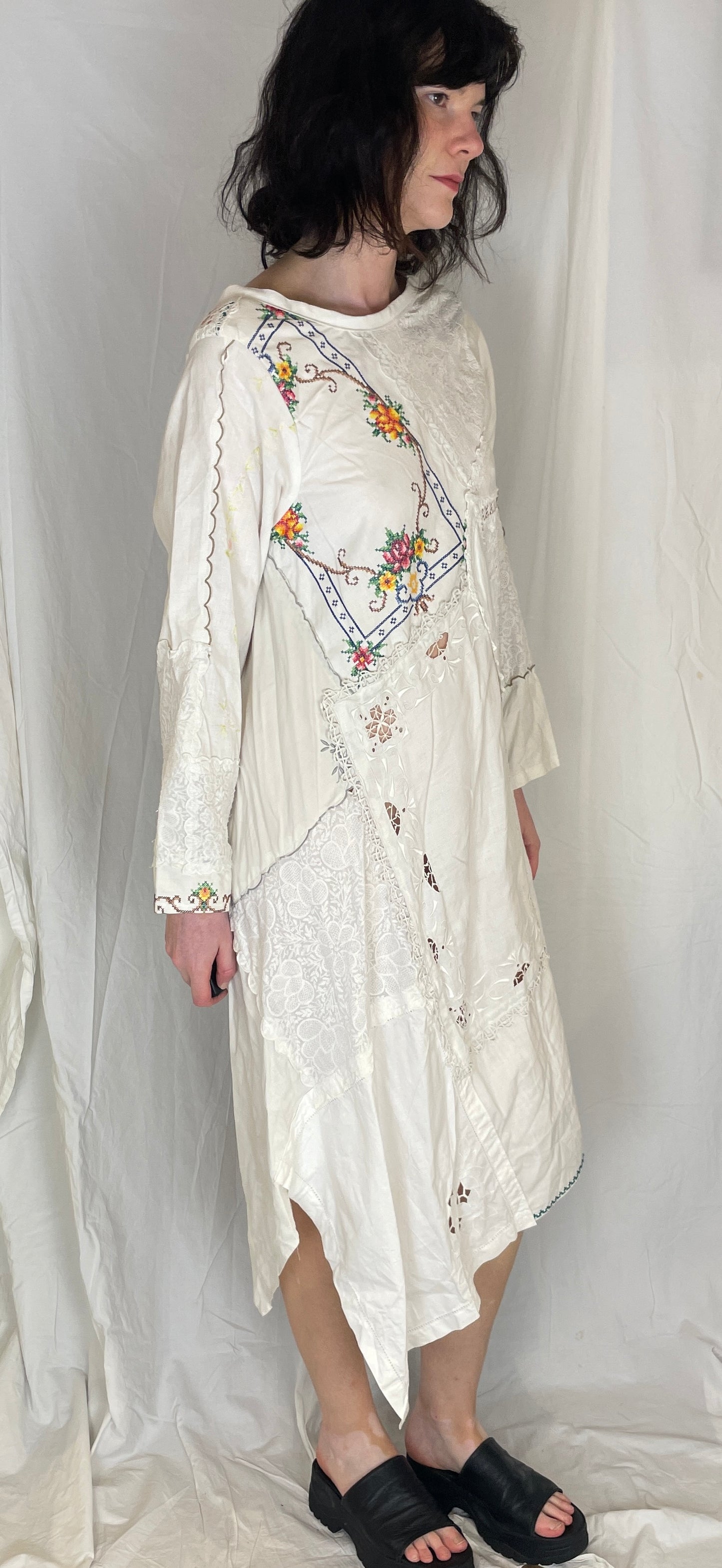 Anna Handmade White Linen Floral Embroidered Patchwork Asymmetric Hem Dress - Up To Size 10