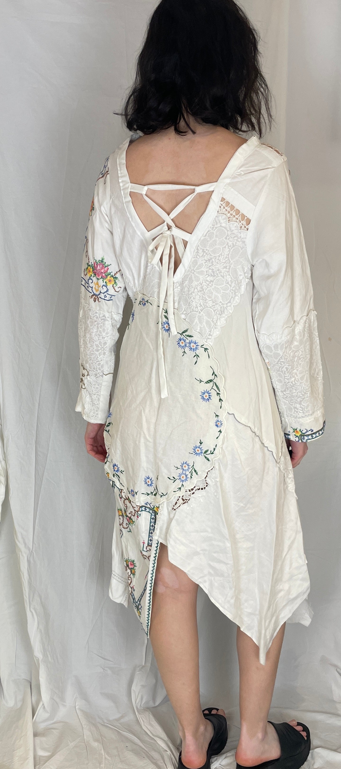 Anna Handmade White Linen Floral Embroidered Patchwork Asymmetric Hem Dress - Up To Size 10