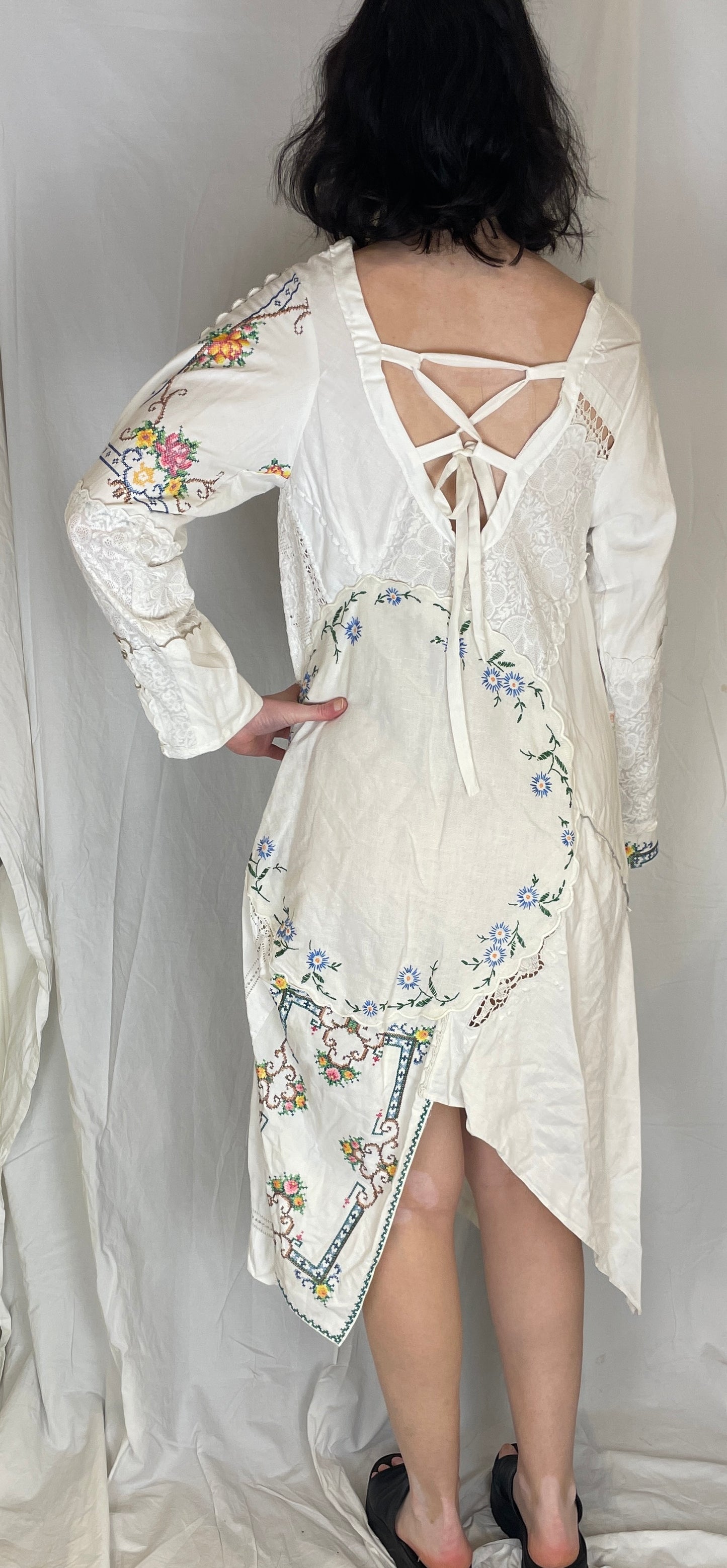 Anna Handmade White Linen Floral Embroidered Patchwork Asymmetric Hem Dress - Up To Size 10