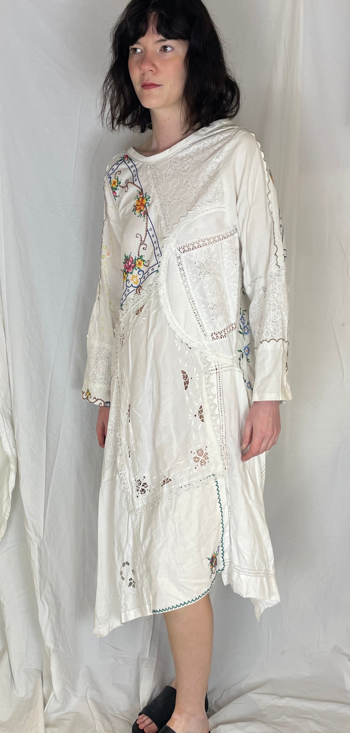 Anna Handmade White Linen Floral Embroidered Patchwork Asymmetric Hem Dress - Up To Size 10