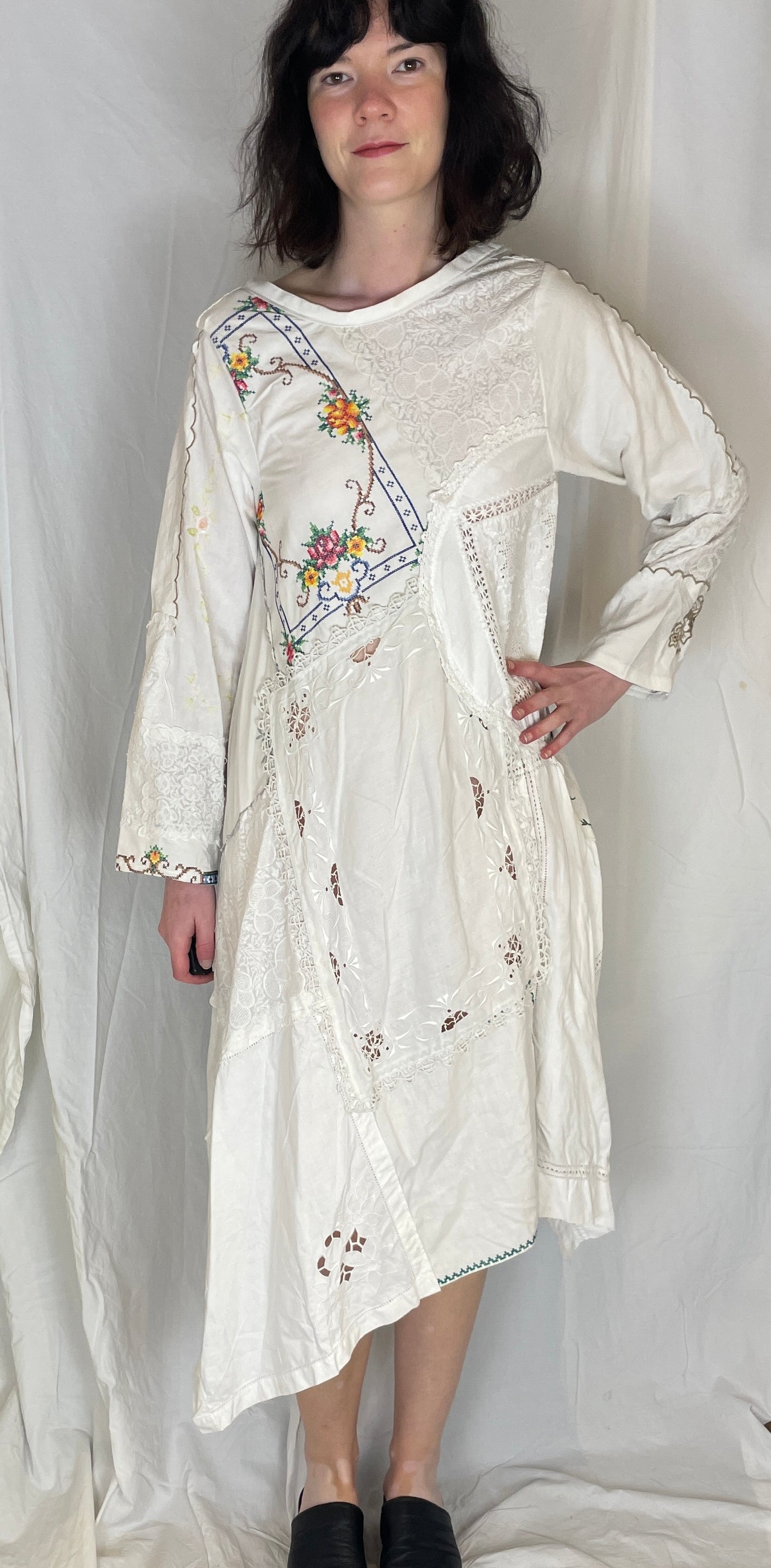 Anna Handmade White Linen Floral Embroidered Patchwork Asymmetric Hem Dress - Up To Size 10