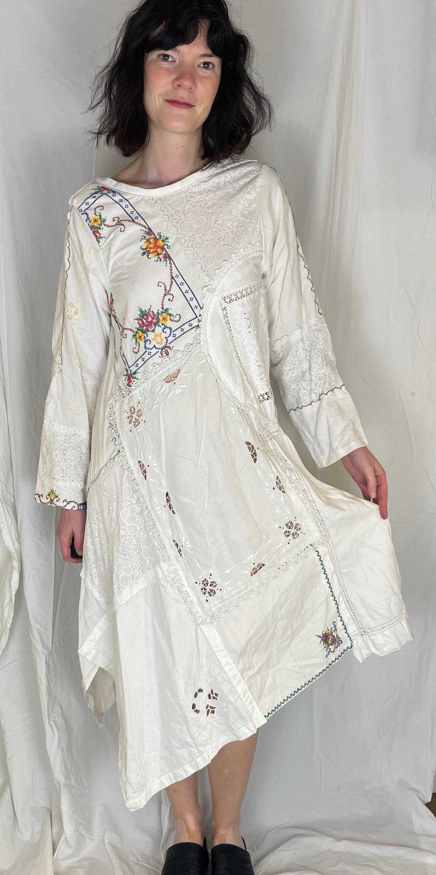 Anna Handmade White Linen Floral Embroidered Patchwork Asymmetric Hem Dress - Up To Size 10