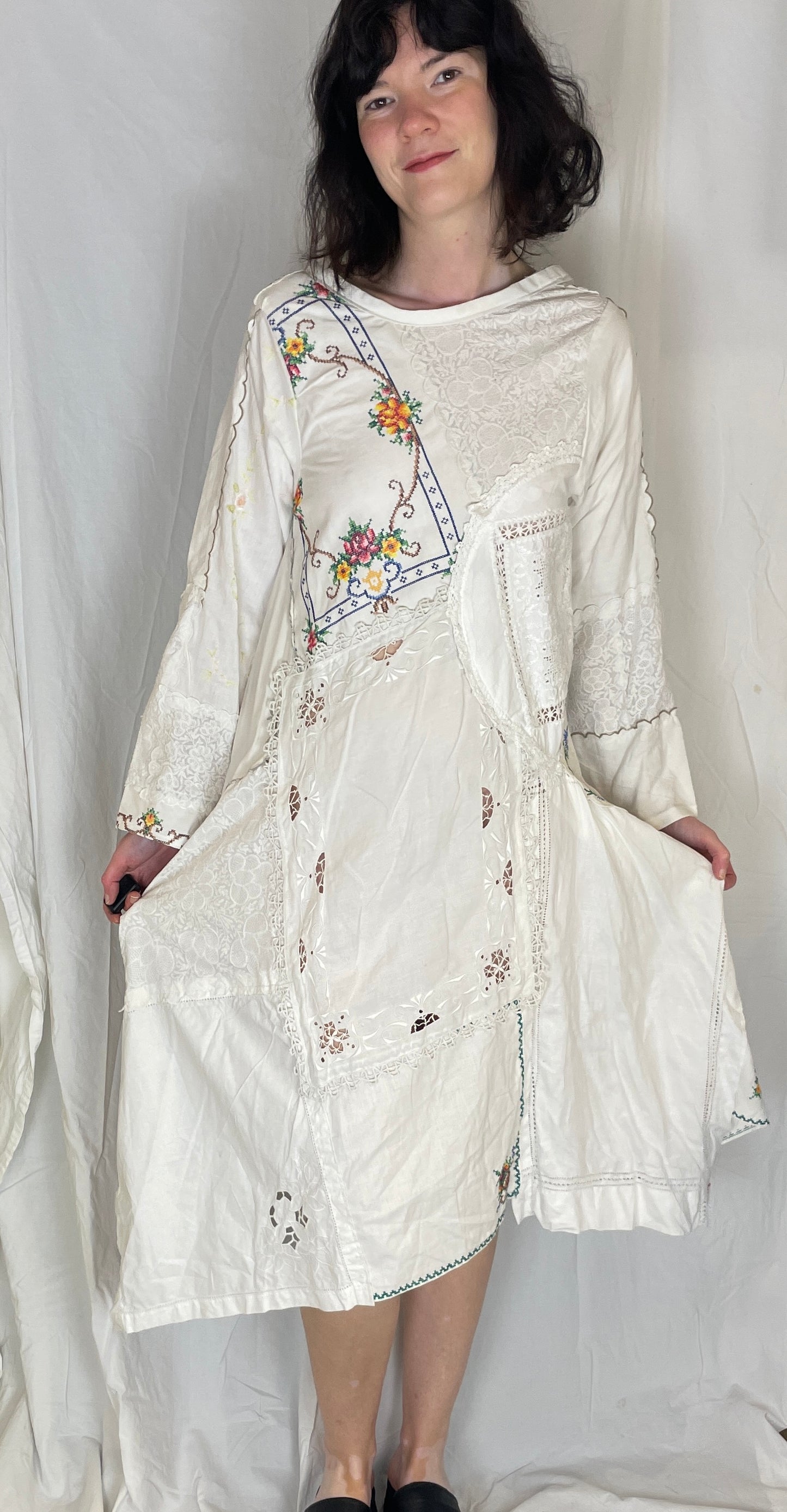 Anna Handmade White Linen Floral Embroidered Patchwork Asymmetric Hem Dress - Up To Size 10