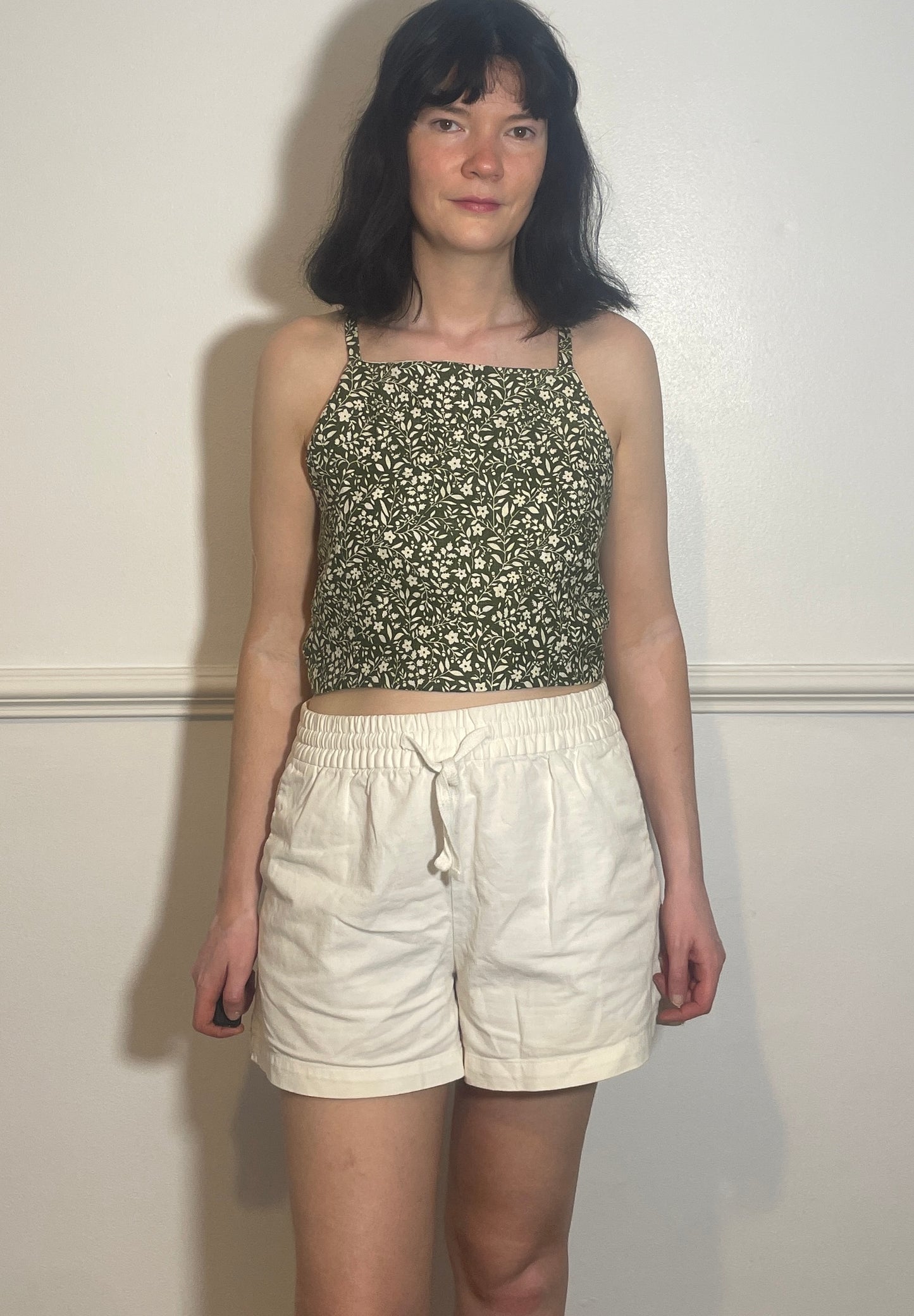 Handmade Green Floral Linen Cross Strap Tie Back Crop Top - Size 14
