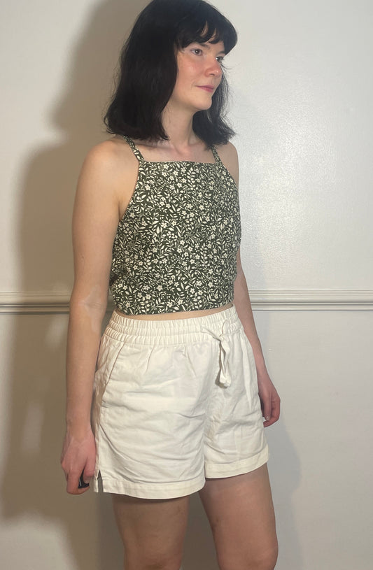 Handmade Green Floral Linen Cross Strap Tie Back Crop Top - Size 14