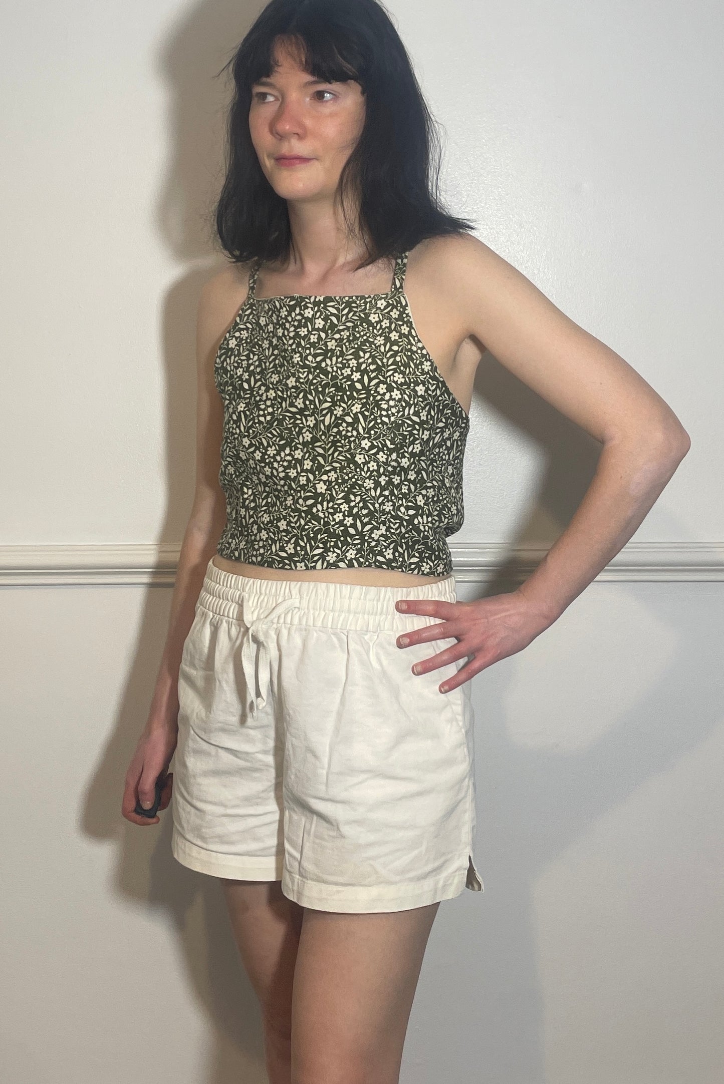 Handmade Green Floral Linen Cross Strap Tie Back Crop Top - Size 14