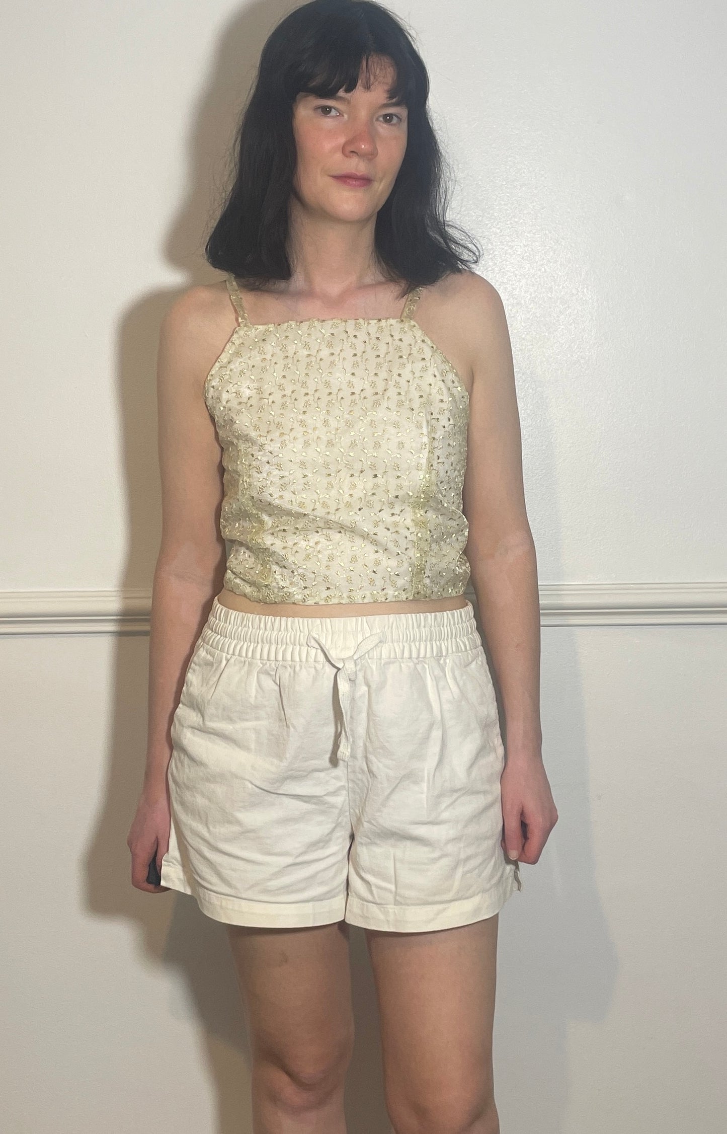 Handmade White Floral Embroidered Organza Cross Strap Tie Back Crop Top - Size 12