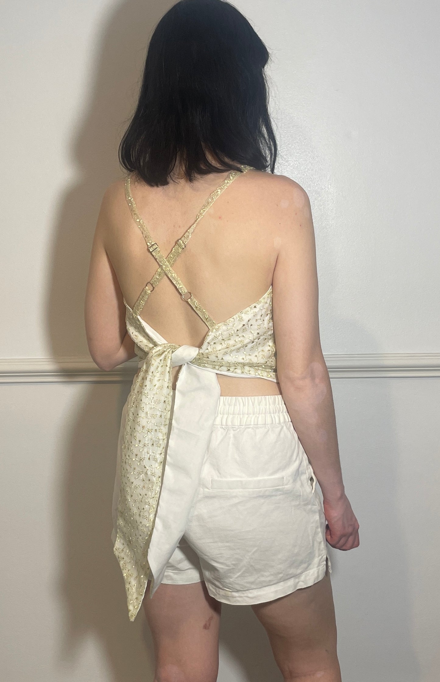 Handmade White Floral Embroidered Organza Cross Strap Tie Back Crop Top - Size 12