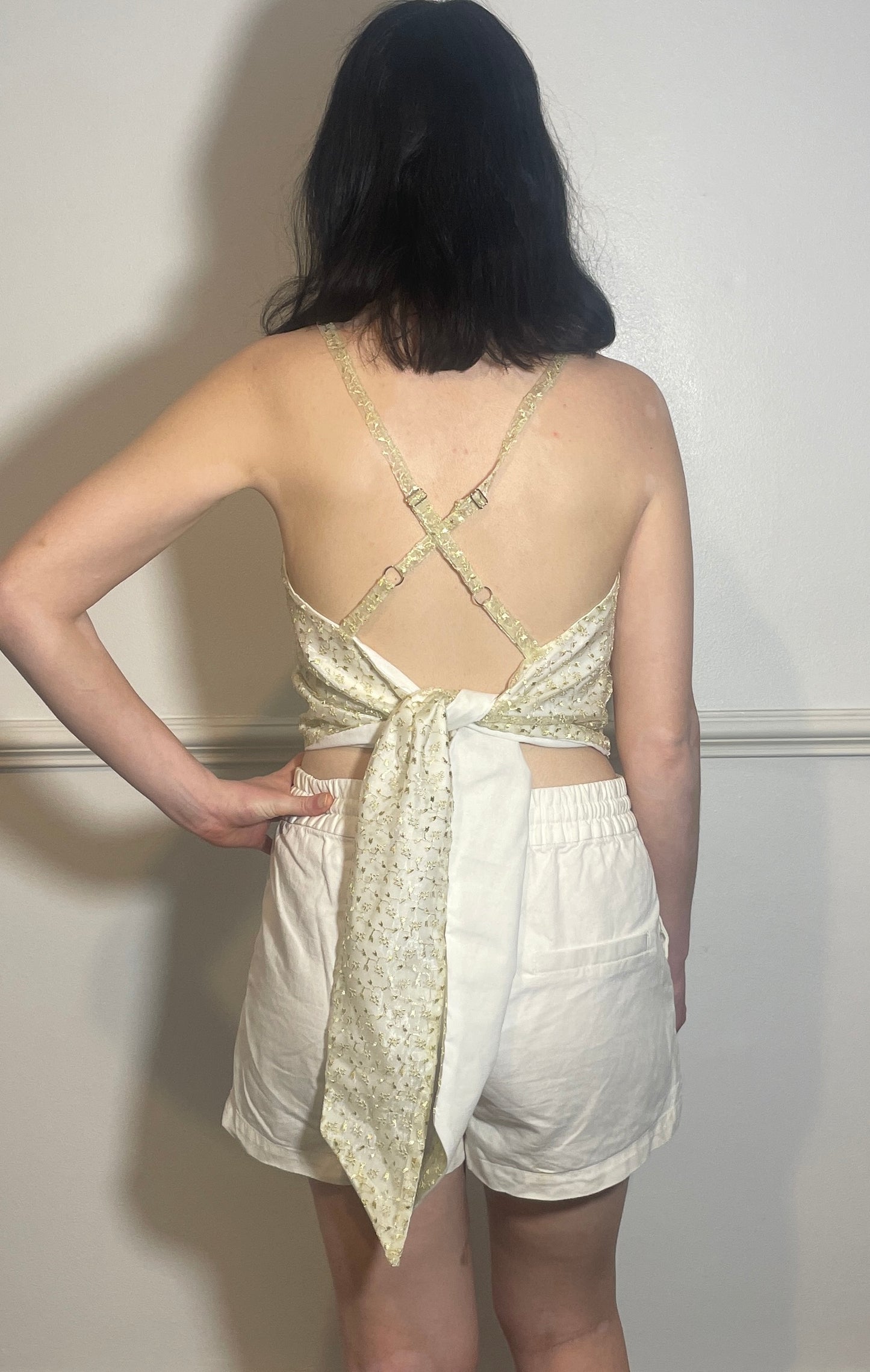Handmade White Floral Embroidered Organza Cross Strap Tie Back Crop Top - Size 12