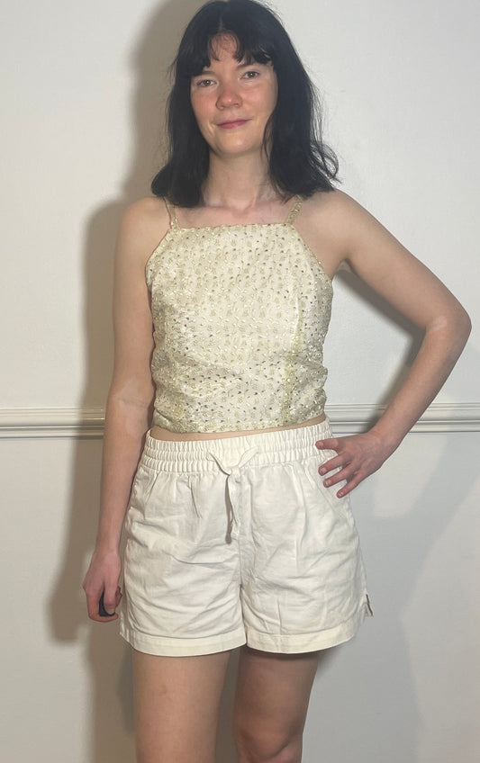 Handmade White Floral Embroidered Organza Cross Strap Tie Back Crop Top - Size 12