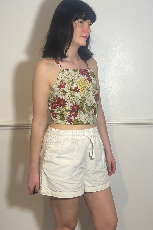 Handmade Green Floral Cross Strap Tie Back Crop Top - Size 10