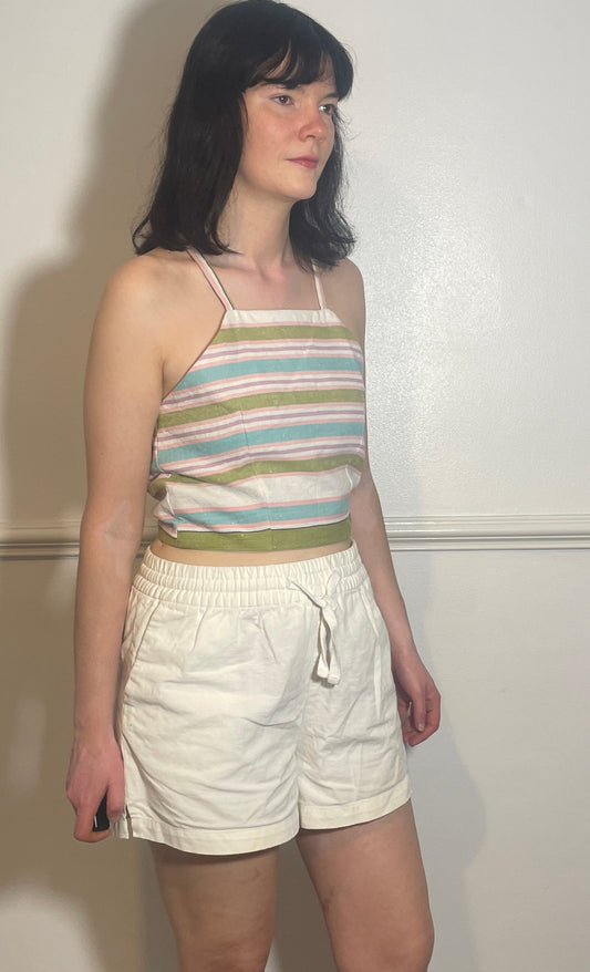 Handmade Pink Striped Cross Strap Tie Back Crop Top - Size 8