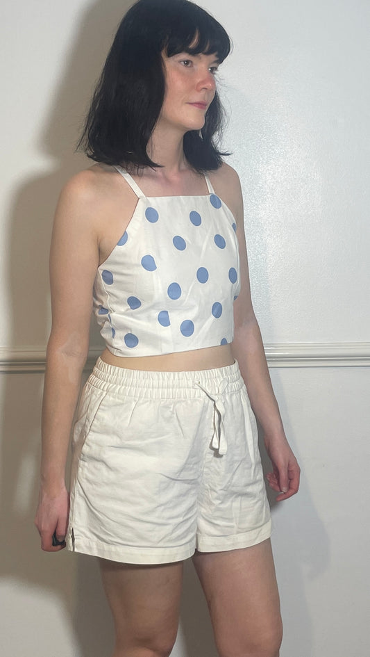 Handmade Blue Polka Dot Cross Strap Tie Back Crop Top - Size 10