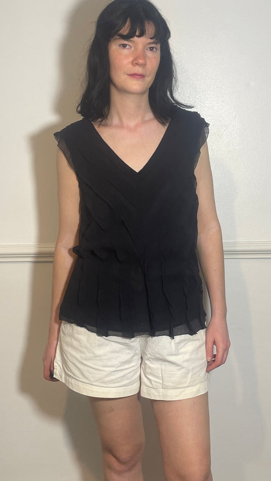 Vintage 90s Black Silk Chiffon Ruffle Sleeveless Top - Size 12